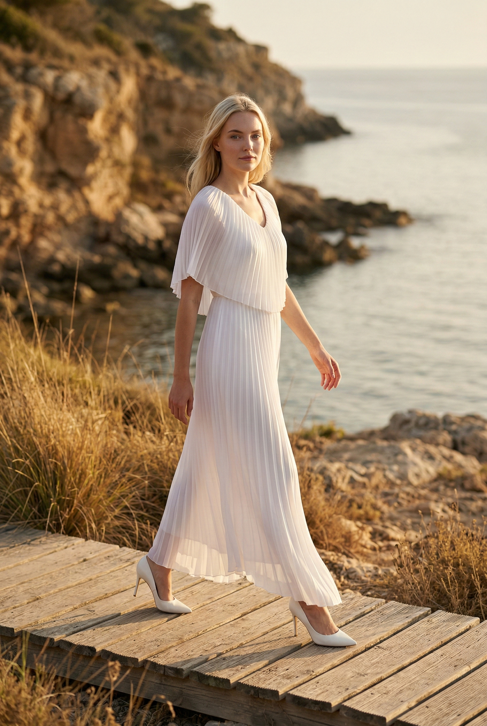 Solena V-Neck Cape Pleated Evening Dress | Limsa Club