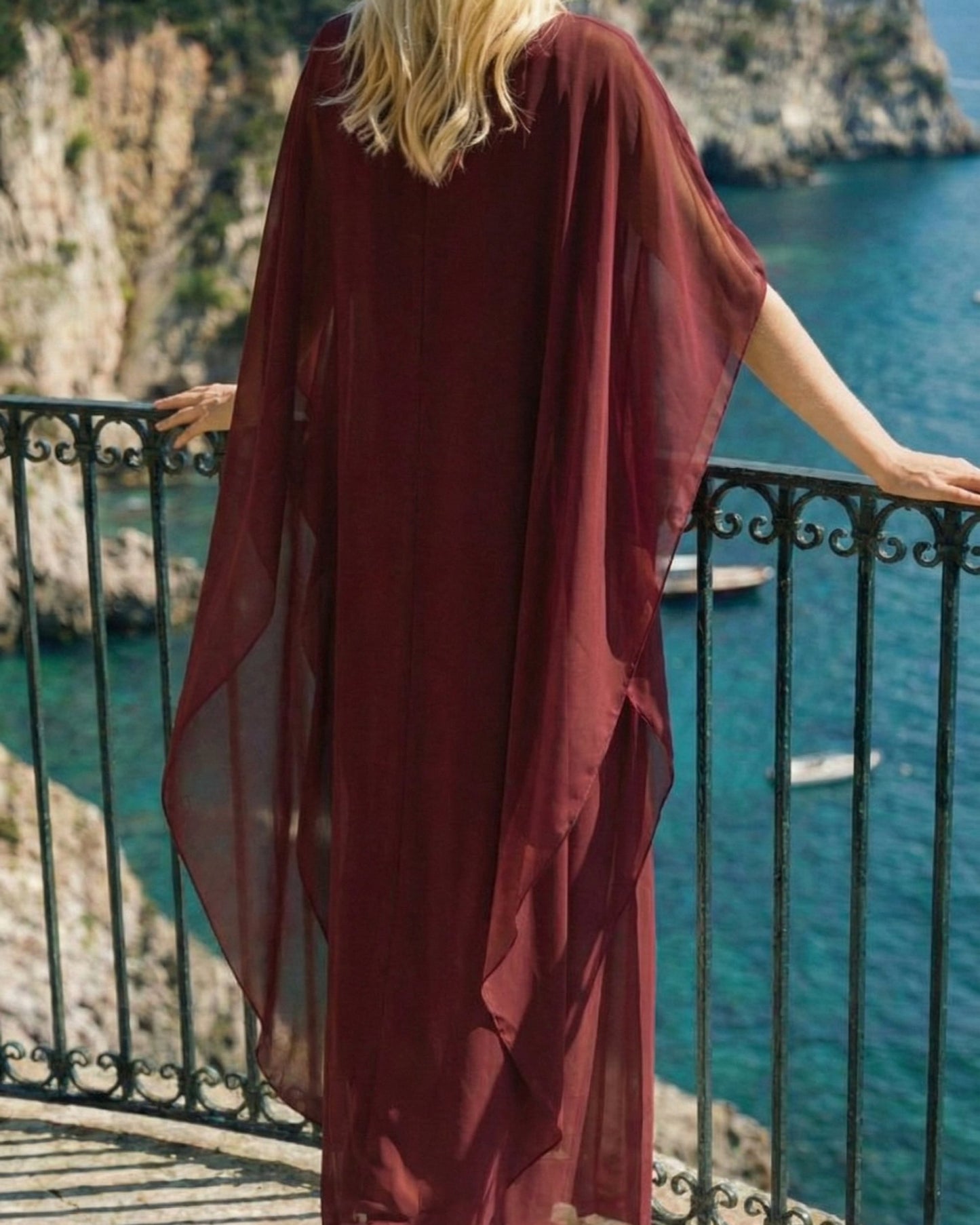 Limsa Club Celeste Kaftan Maxi Chiffon Dress in Burgundy — close-up detail