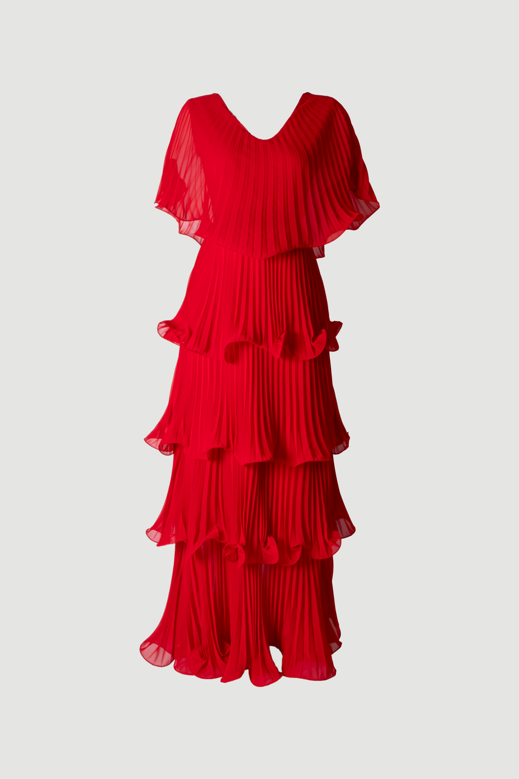 Close-up detail of red Astra dress V-neck and butterfly sleeve design