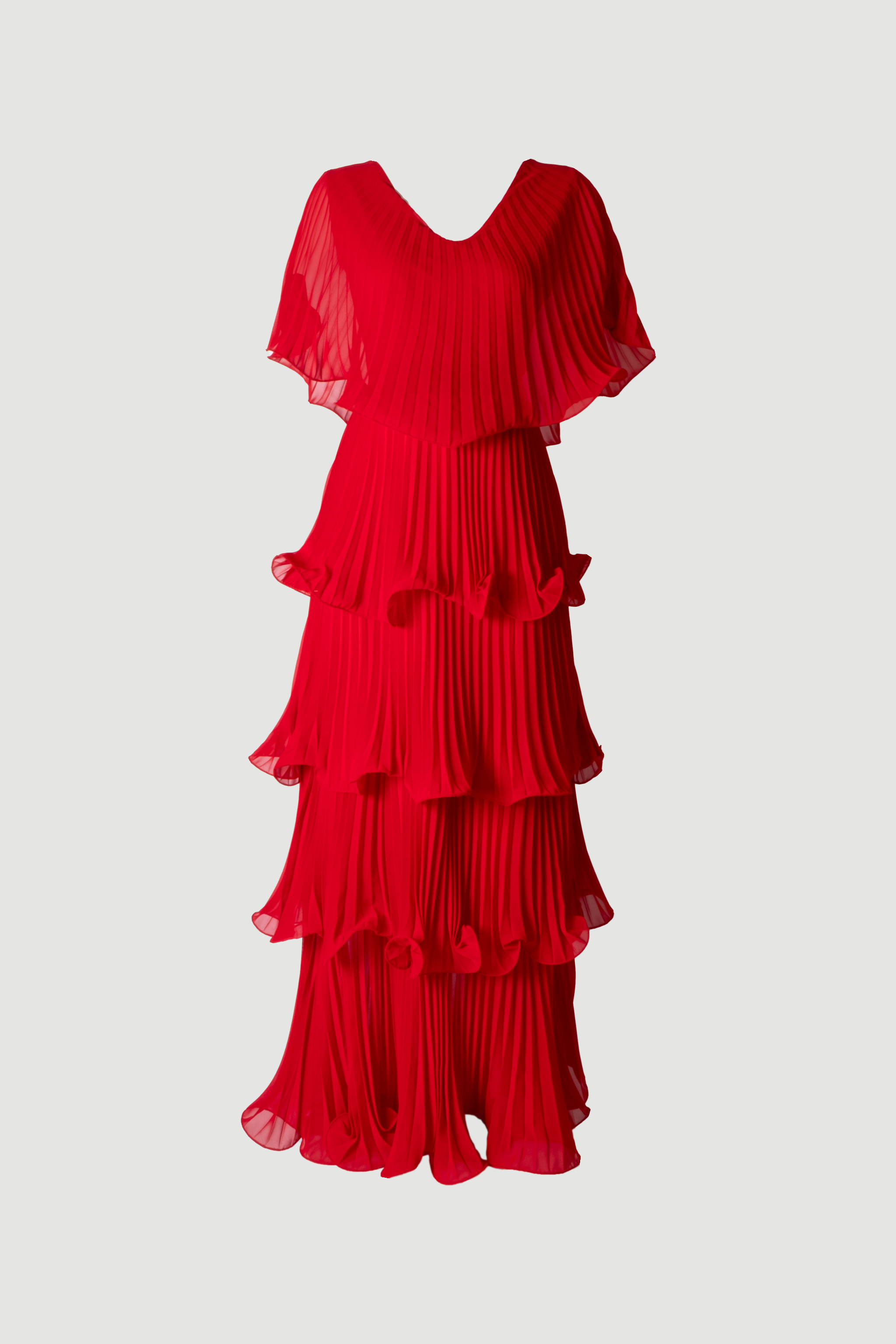 Close-up detail of red Astra dress V-neck and butterfly sleeve design