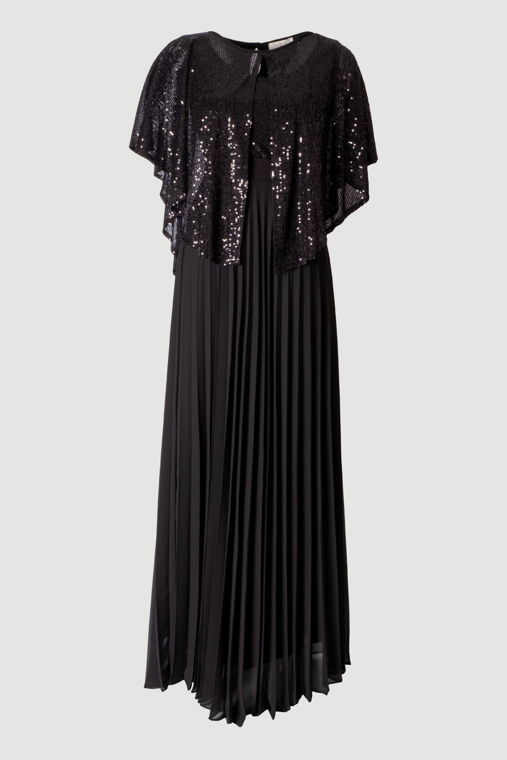 Viva black sequin pleated maxi evening dress with cape overlay, sleeveless formal gown, Limsa Club