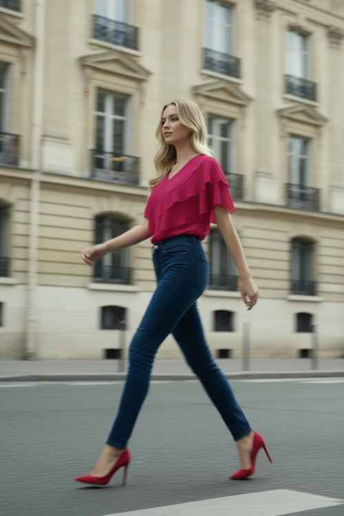 Model wearing fuchsia Ciel blouse with V-neck and short sleeves