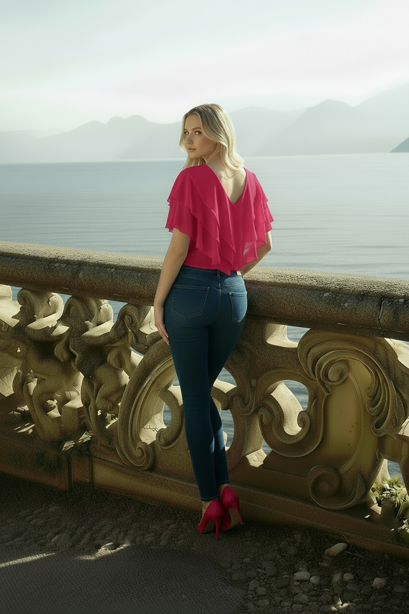 Fuchsia Ciel blouse detail showcasing chiffon texture and elegant draping