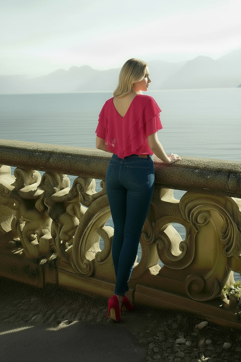 Back view of fuchsia Ciel V-neck blouse with beltless design