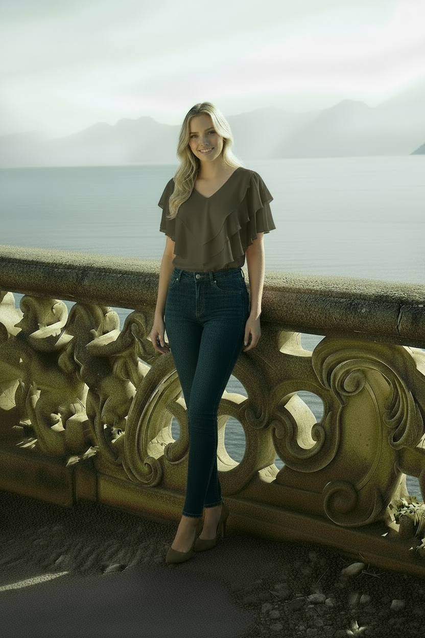 Front view of khaki Ciel blouse with short sleeves and V-neckline