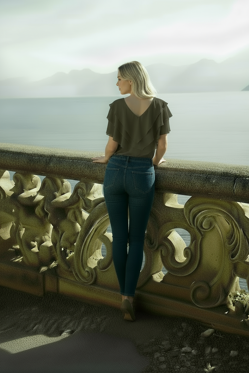 Back angle of khaki Ciel chiffon blouse highlighting elegant draping