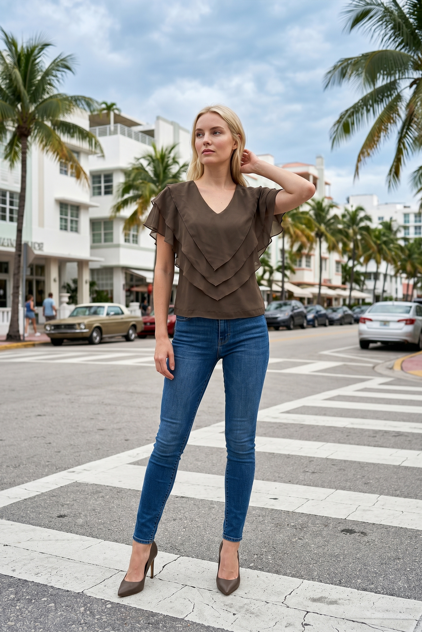 Limsa Club Ciel V-Neck Chiffon Blouse in Brown — front view