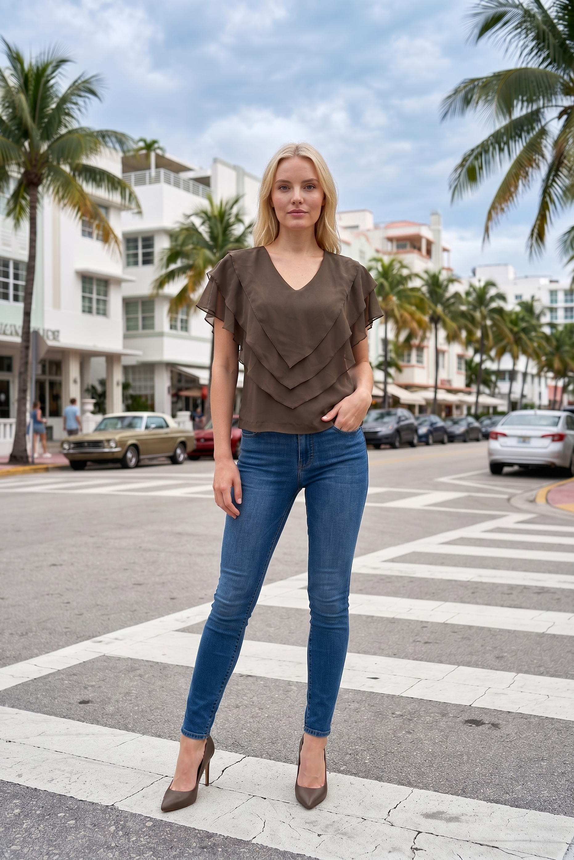 Limsa Club Ciel V-Neck Chiffon Blouse in Brown — back view