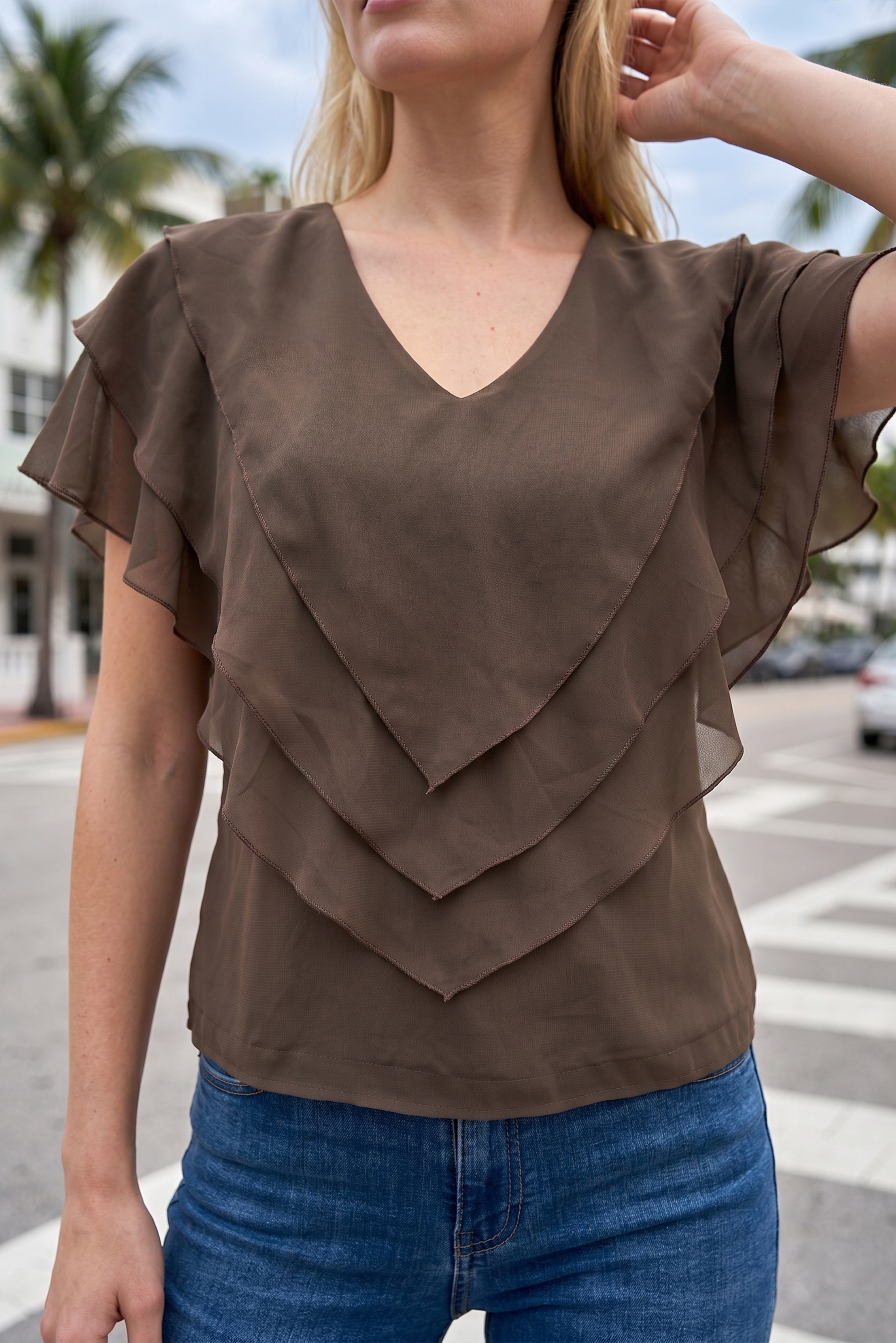 Limsa Club Ciel V-Neck Chiffon Blouse in Brown — full-length view