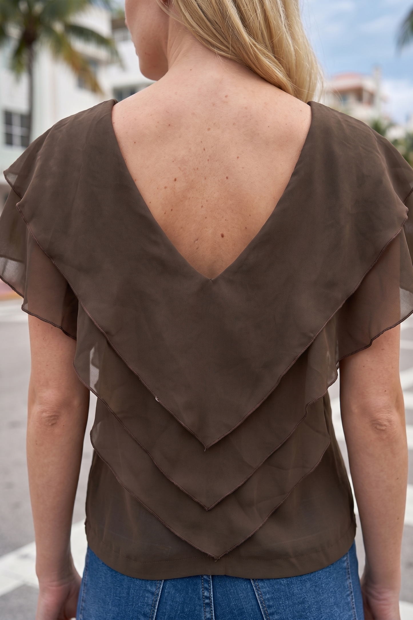 Limsa Club Ciel V-Neck Chiffon Blouse in Brown — close-up detail
