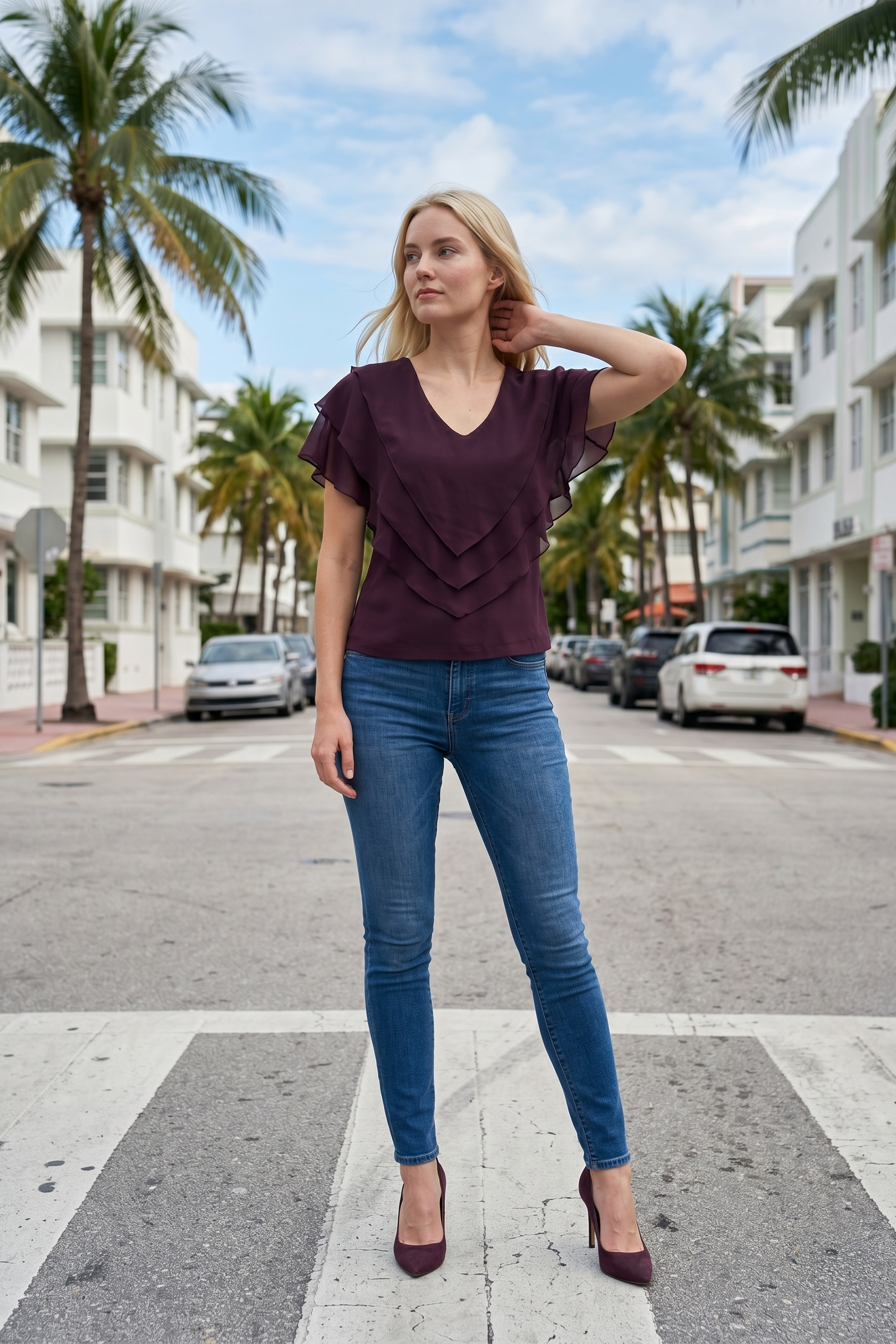 Limsa Club Ciel V-Neck Chiffon Blouse in Purple — front view