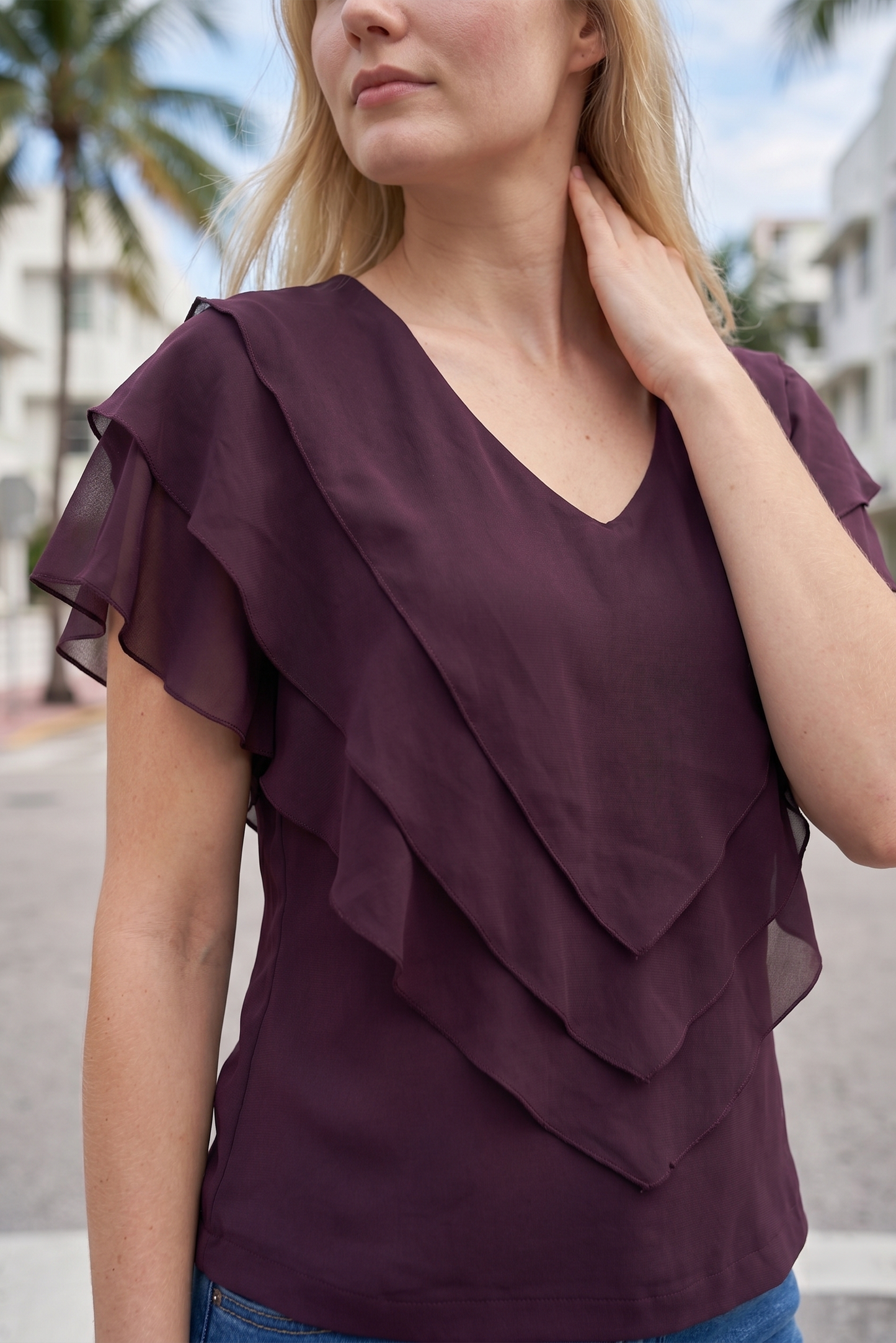 Limsa Club Ciel V-Neck Chiffon Blouse in Purple — full-length view