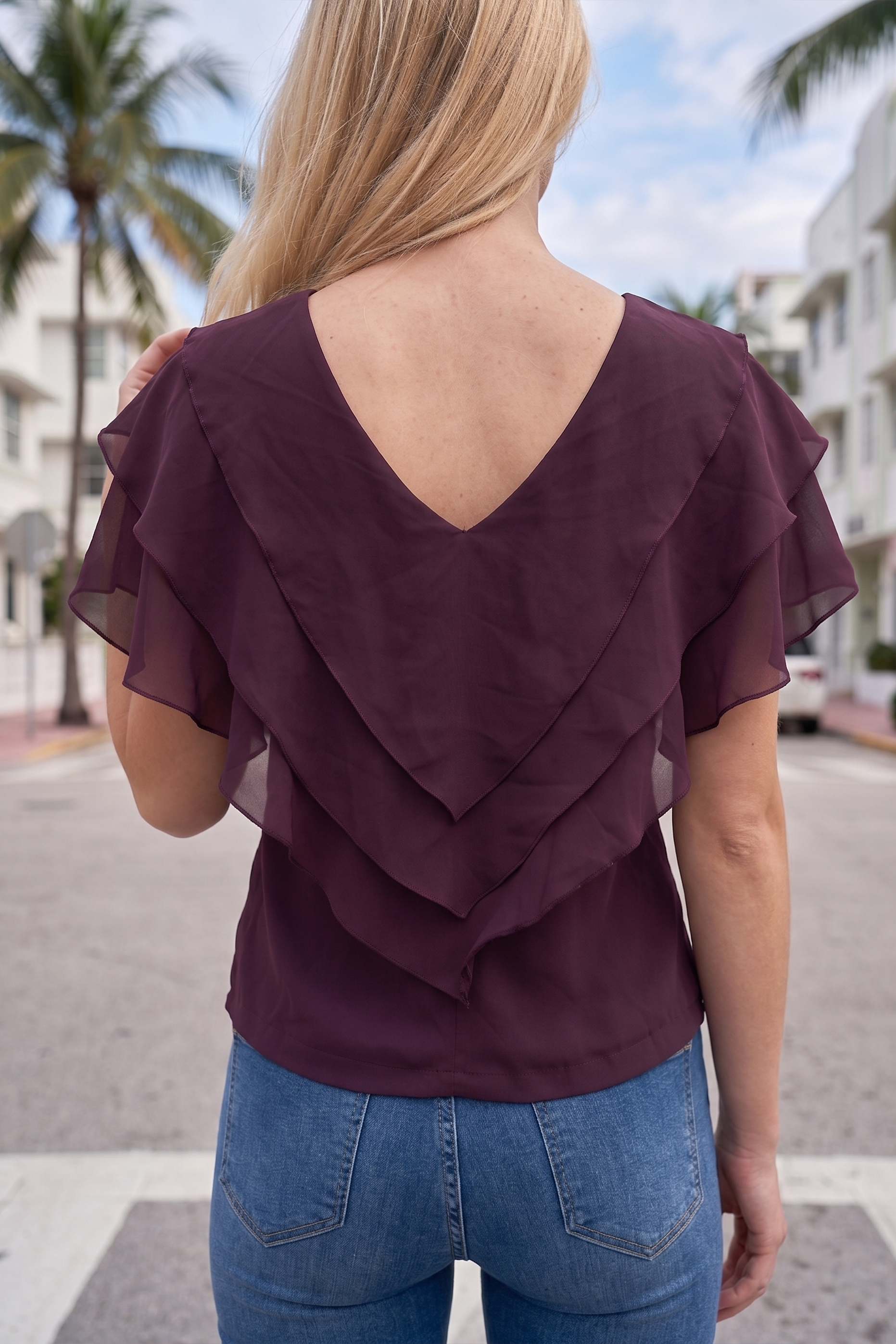 Limsa Club Ciel V-Neck Chiffon Blouse in Purple — close-up detail