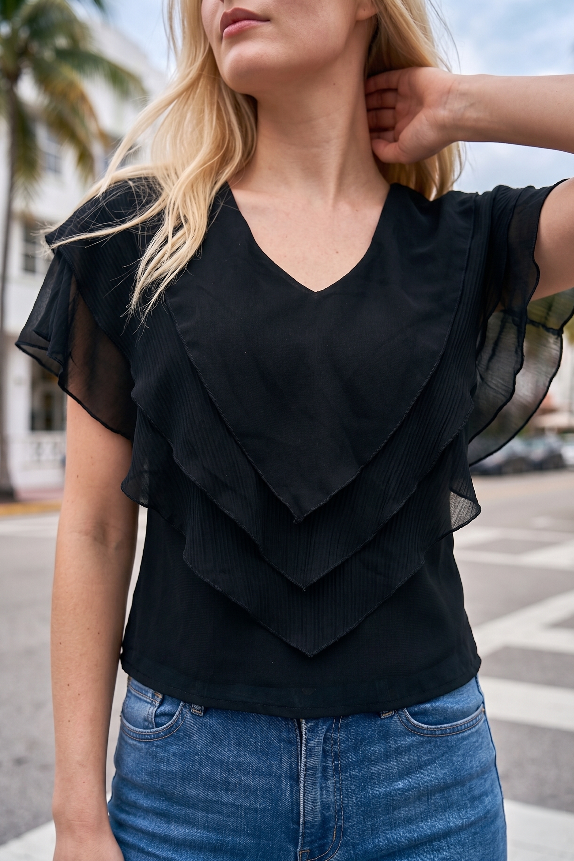 Limsa Club Ciel V-Neck Chiffon Blouse in Black — full-length view