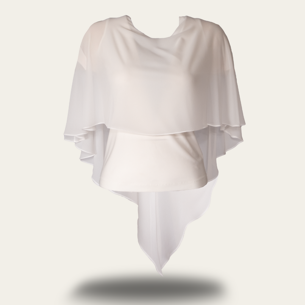 Bone white bike collar blouse ghost mannequin front view with chiffon detail