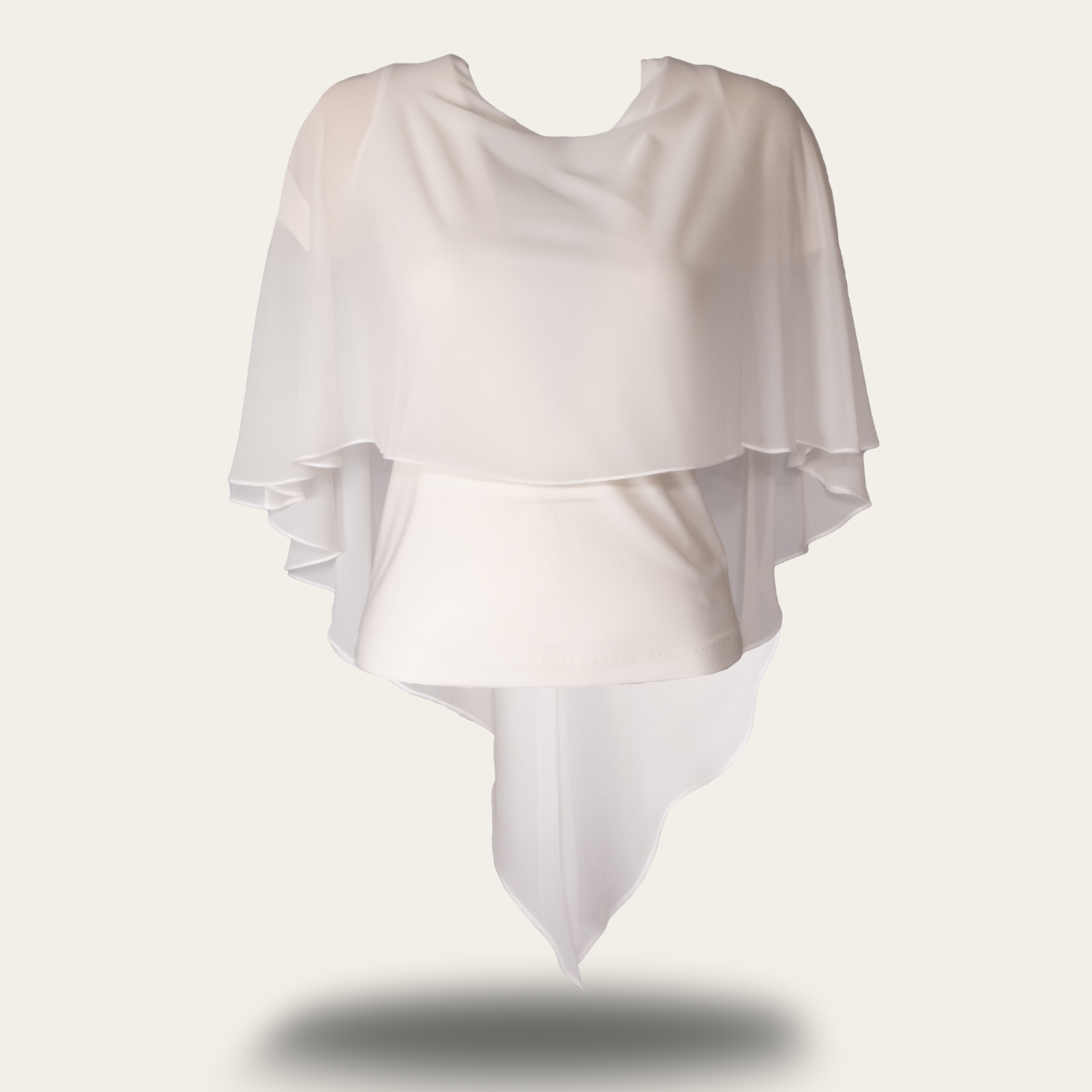 Bone white bike collar blouse ghost mannequin front view with chiffon detail