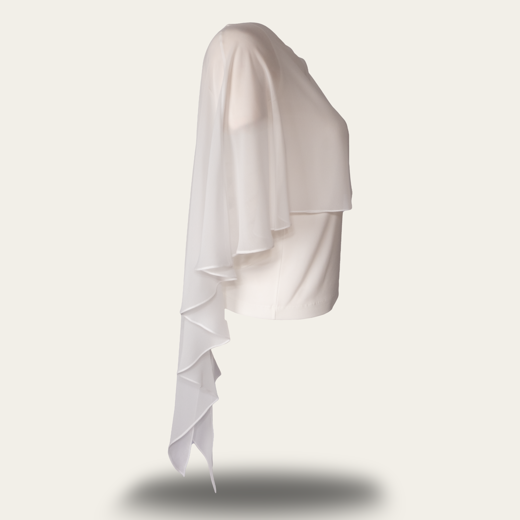 Bone white ruffle chiffon blouse ghost mannequin back view showing flywheel