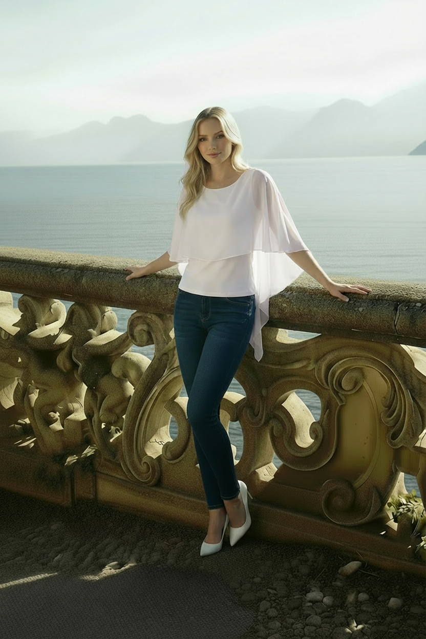 Front view of bone white bike collar blouse with lightweight chiffon flywheel