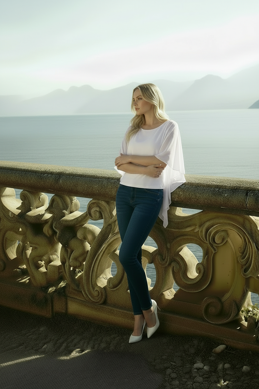Back view of bone white chiffon blouse with ruffled flywheel volan detail