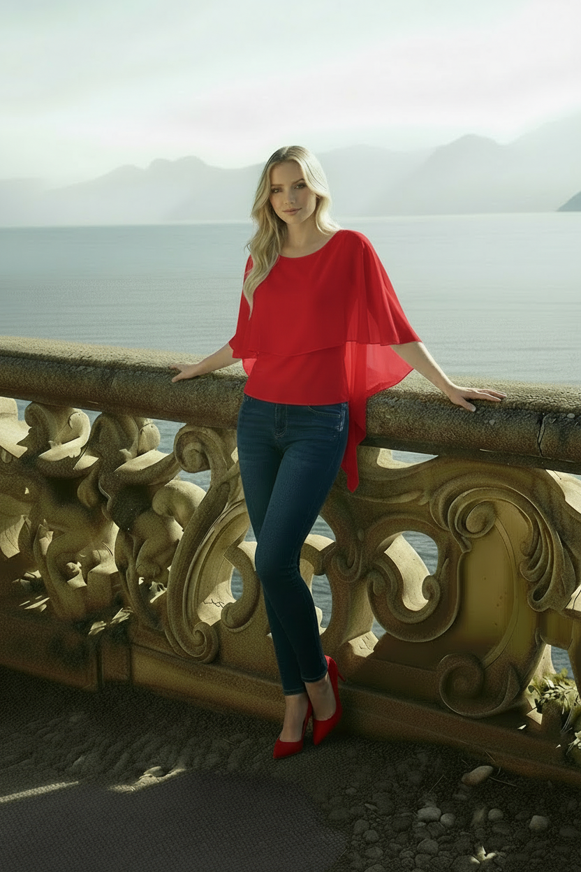 Model wearing red ruffle chiffon blouse with bike collar and flywheel volan detail