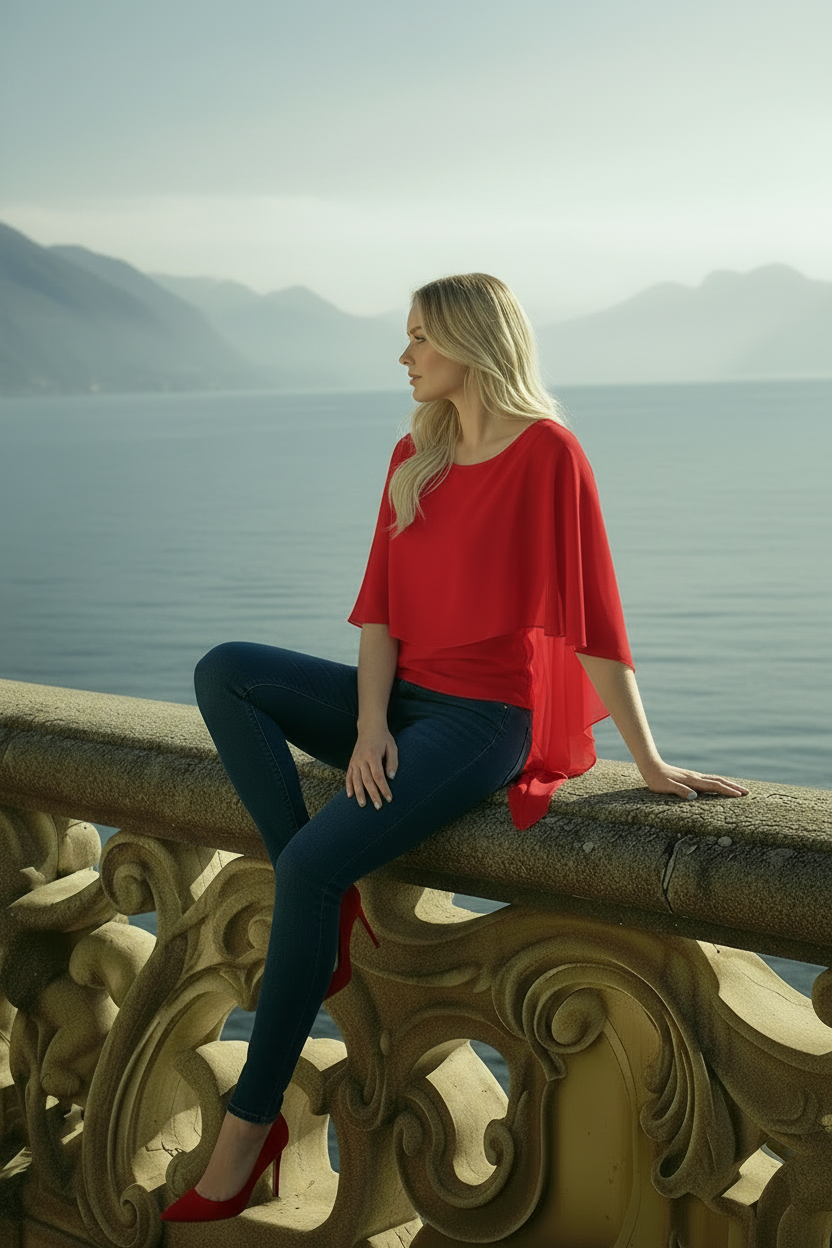 Side angle of red ruffle chiffon blouse highlighting layered volan design