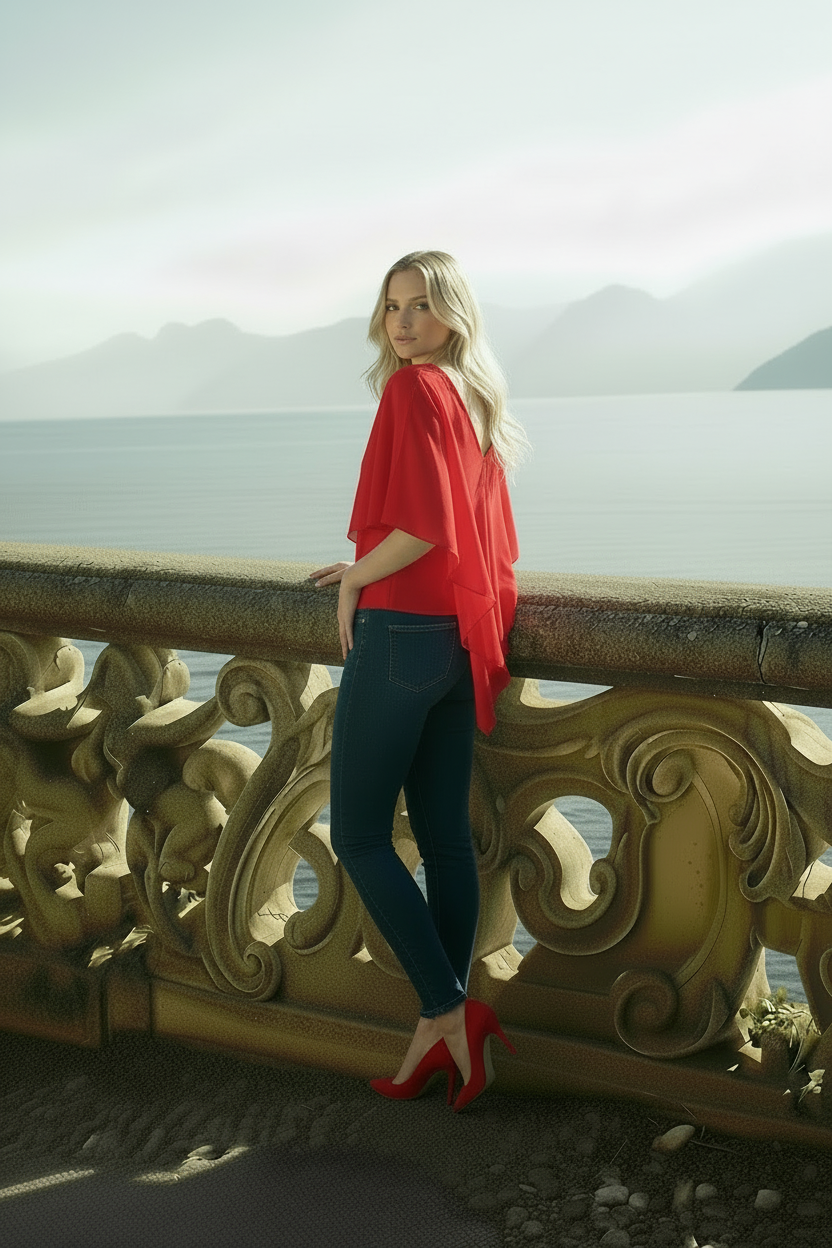 Red chiffon blouse detail showing ruffled flywheel and bike collar neckline