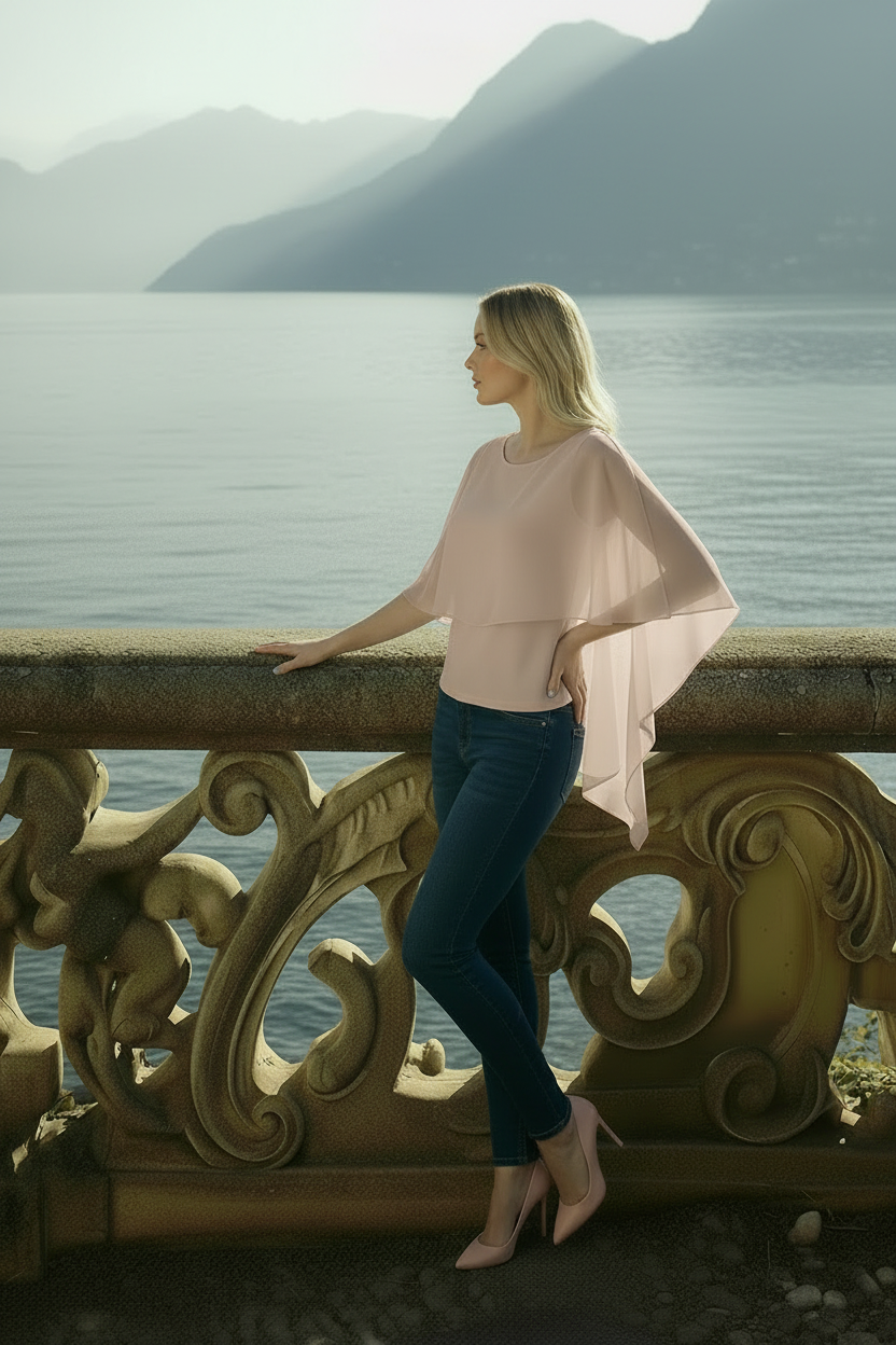 Back view of mink vizon chiffon blouse with cape-like flywheel draping