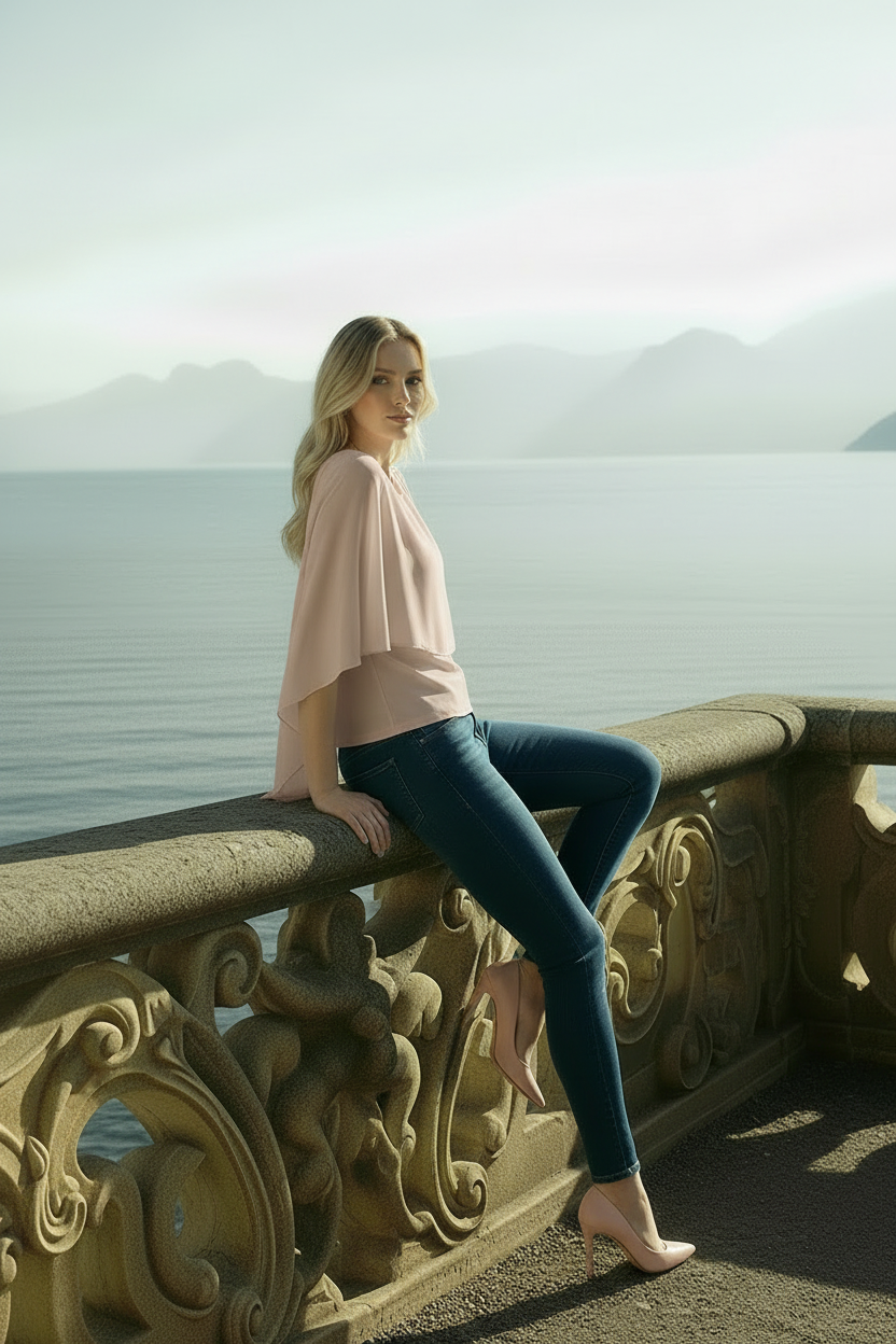 Mink vizon ruffle blouse detail highlighting bike collar and cape design