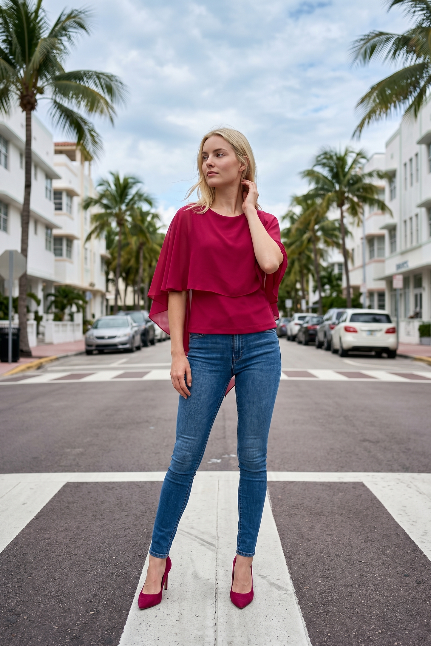 Limsa Club Ruffle Collar Chiffon Blouse in Fuchsia — front view