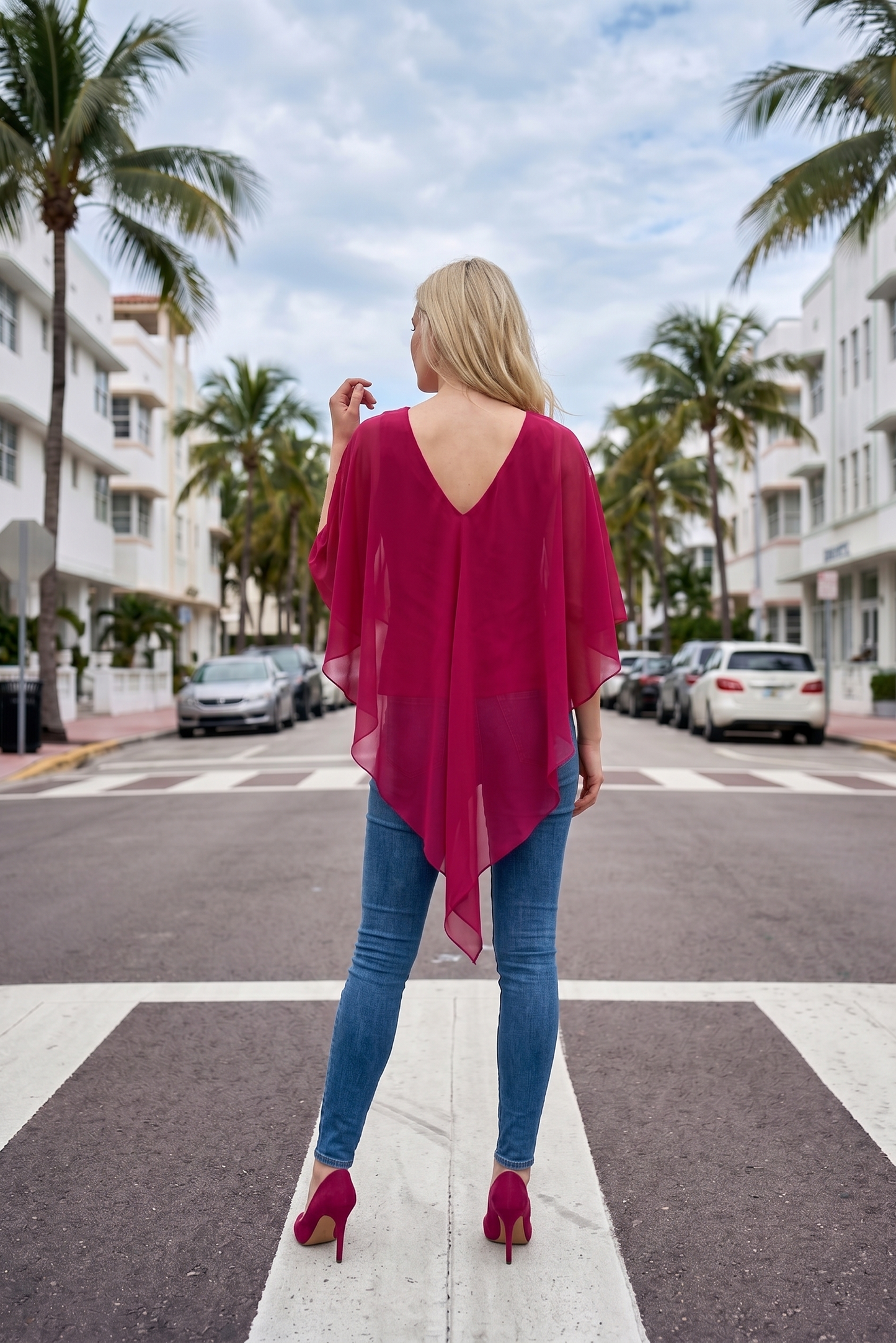 Limsa Club Ruffle Collar Chiffon Blouse in Fuchsia — detail view