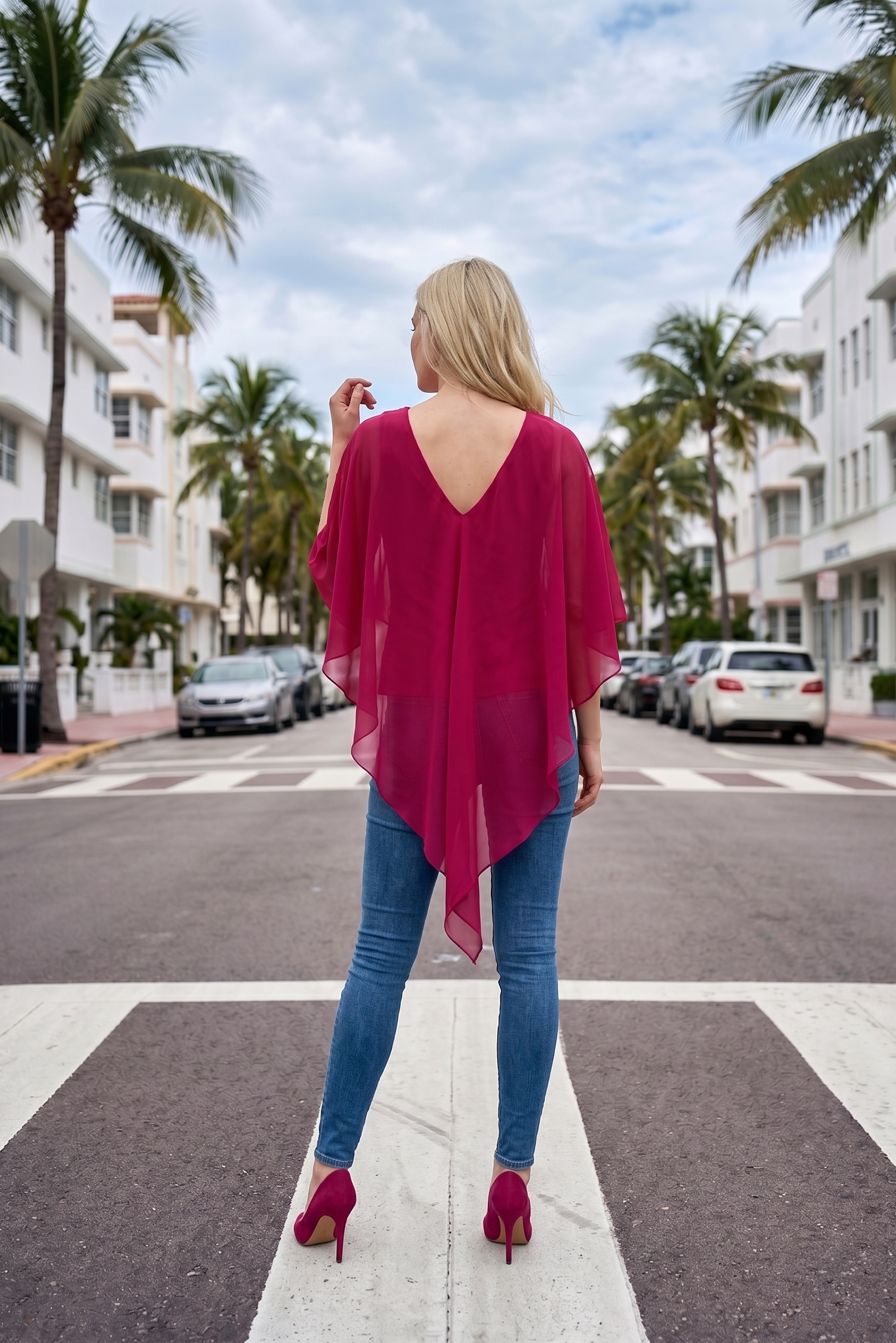 Limsa Club Ruffle Collar Chiffon Blouse in Fuchsia — detail view