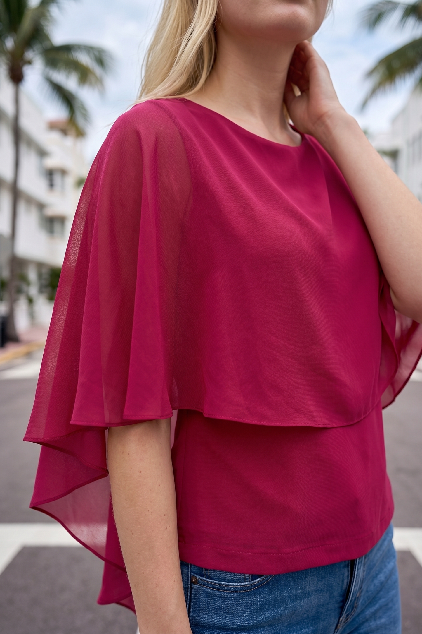 Limsa Club Ruffle Collar Chiffon Blouse in Fuchsia — full-length view