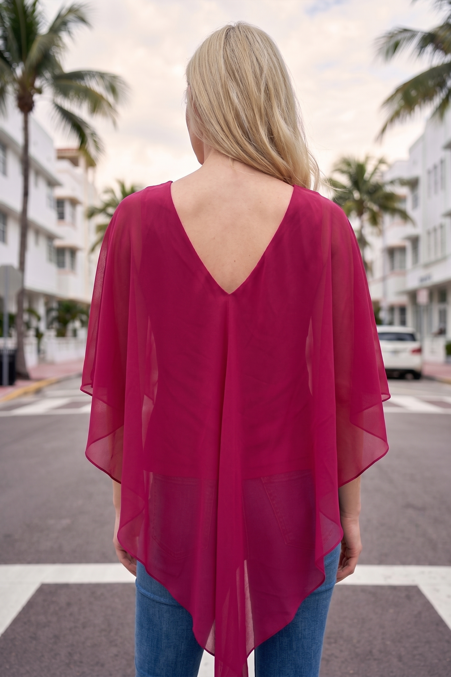 Limsa Club Ruffle Collar Chiffon Blouse in Fuchsia — close-up detail