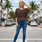 Limsa Club Ruffle Collar Chiffon Blouse in Brown — front view