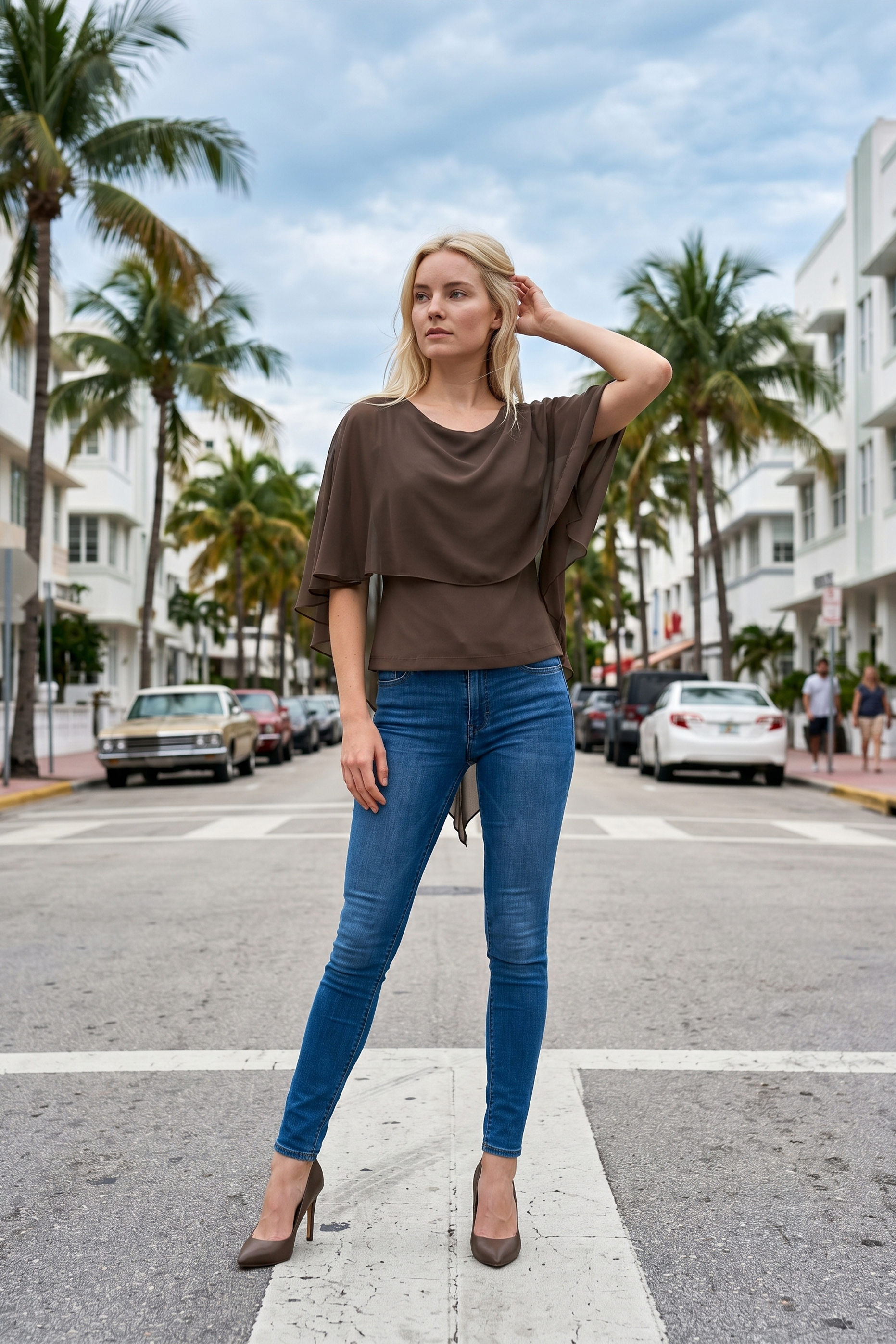 Limsa Club Ruffle Collar Chiffon Blouse in Brown — front view