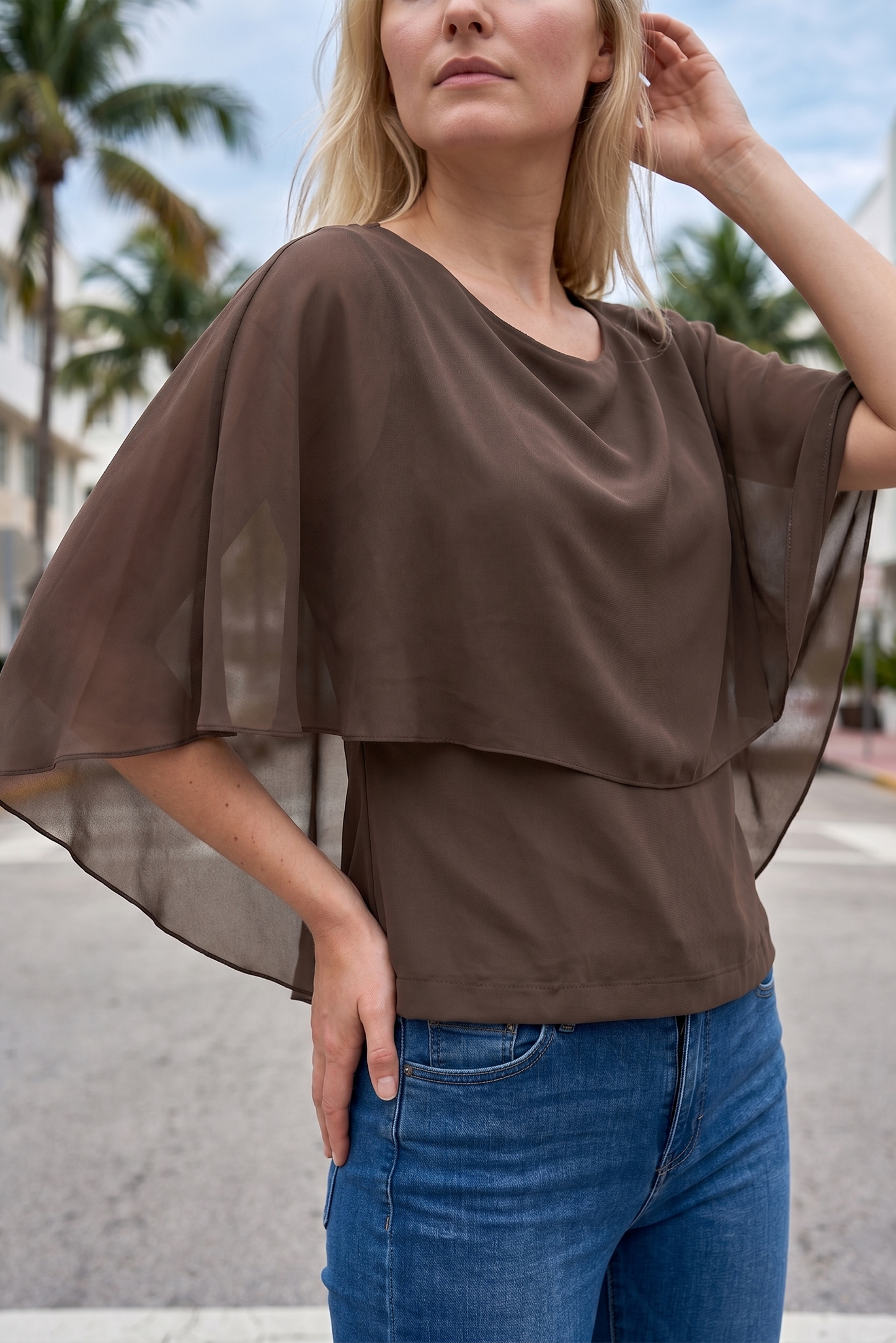 Limsa Club Ruffle Collar Chiffon Blouse in Brown — full-length view