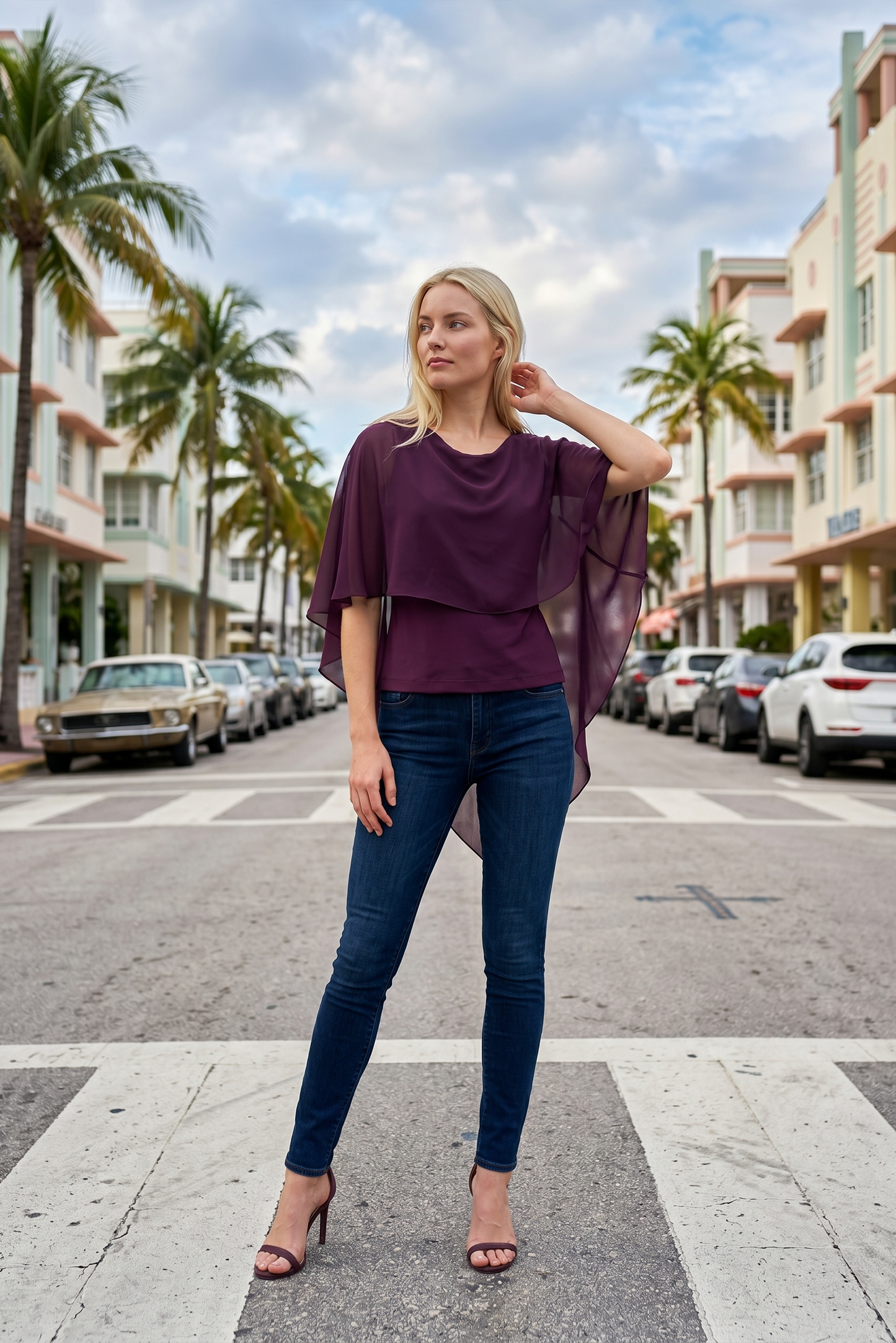 Limsa Club Ruffle Collar Chiffon Blouse in Purple — front view