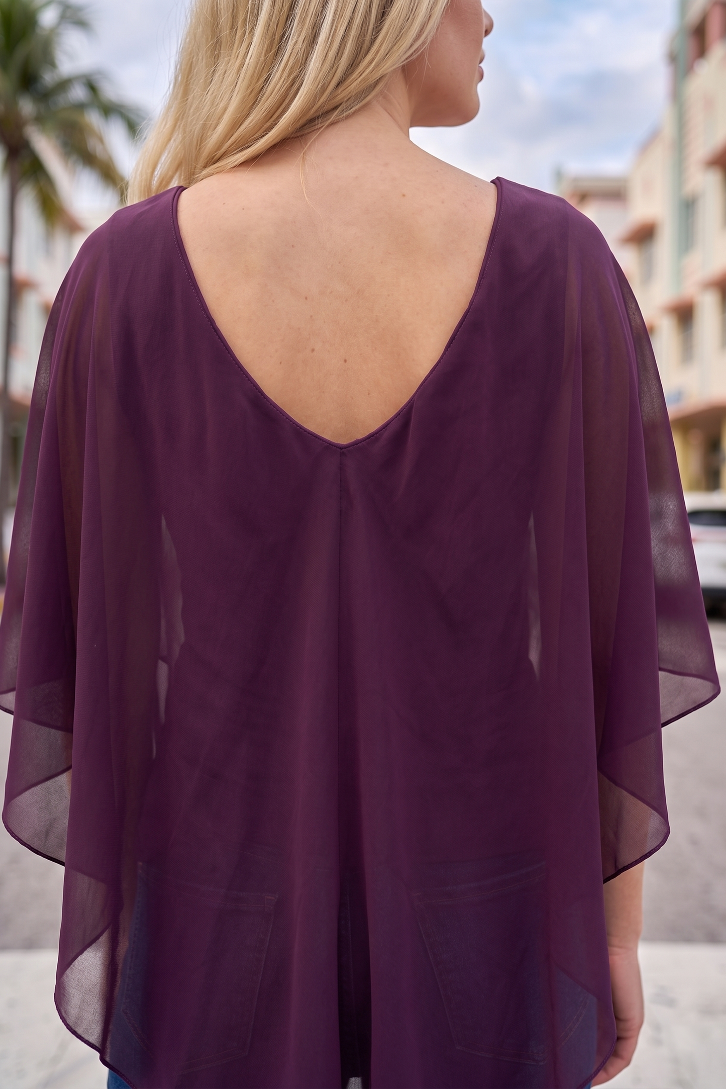 Limsa Club Ruffle Collar Chiffon Blouse in Purple — close-up detail