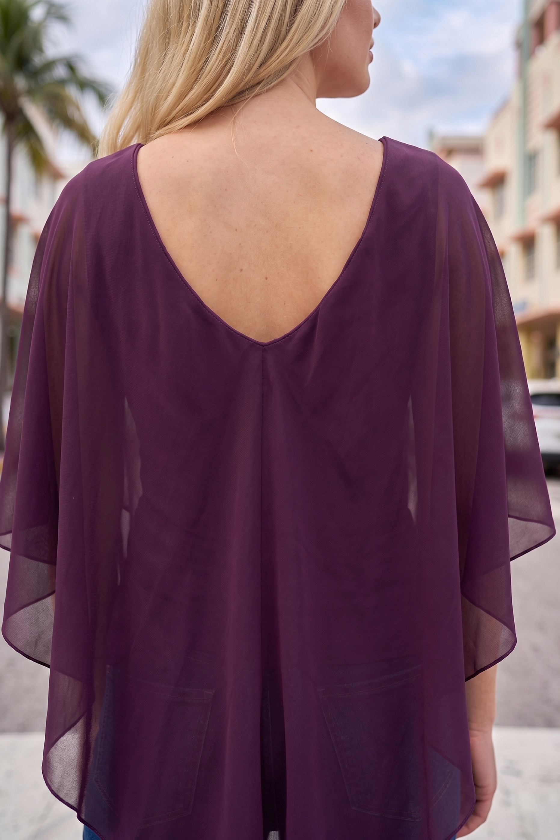 Limsa Club Ruffle Collar Chiffon Blouse in Purple — close-up detail