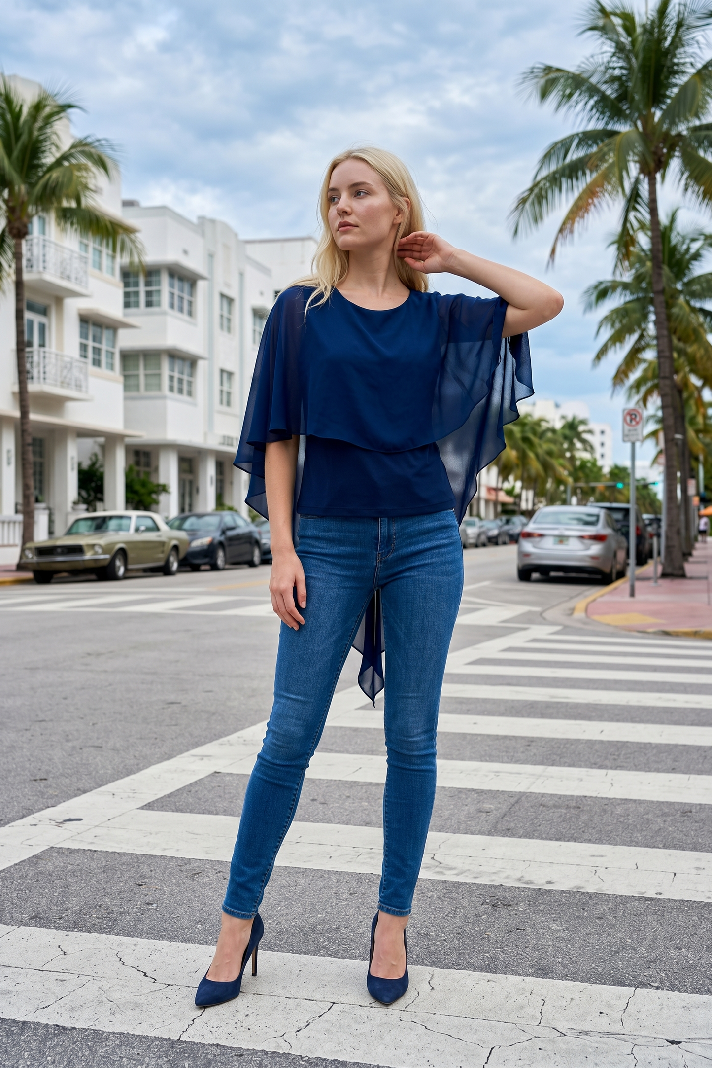Limsa Club Ruffle Collar Chiffon Blouse in Sax Blue — front view