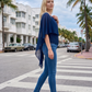 Limsa Club Ruffle Collar Chiffon Blouse in Sax Blue — side view