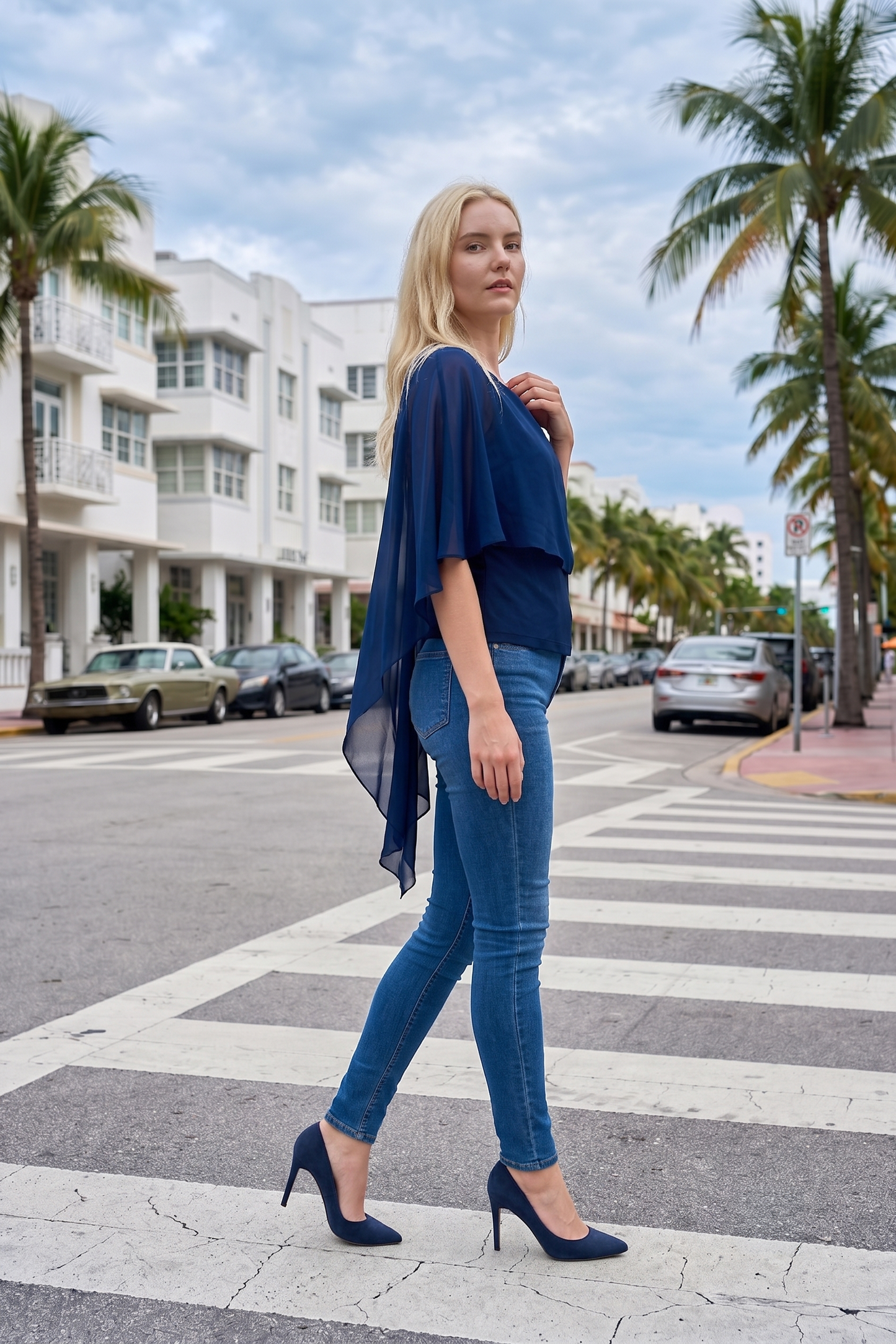 Limsa Club Ruffle Collar Chiffon Blouse in Sax Blue — side view