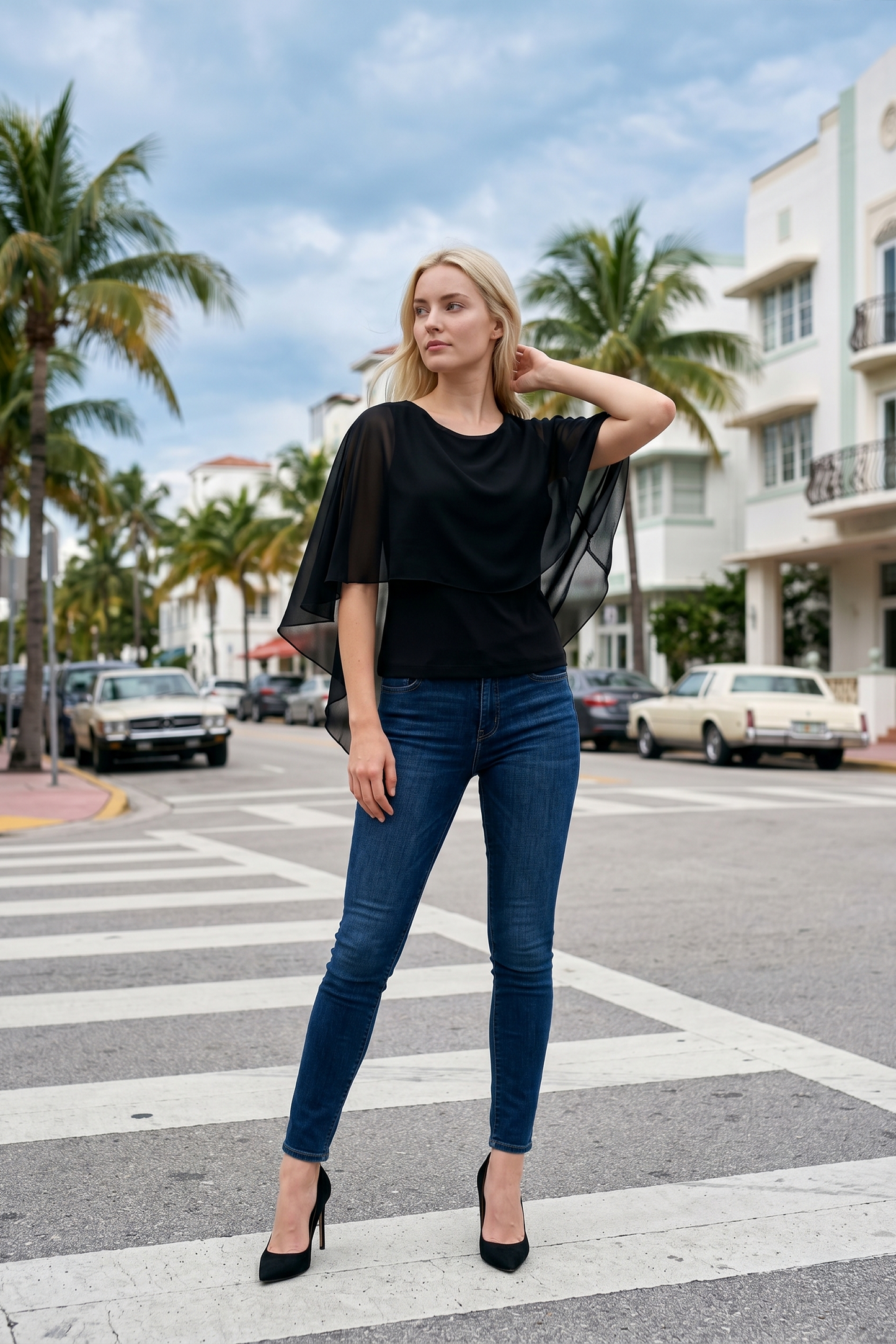Limsa Club Ruffle Collar Chiffon Blouse in Black — front view