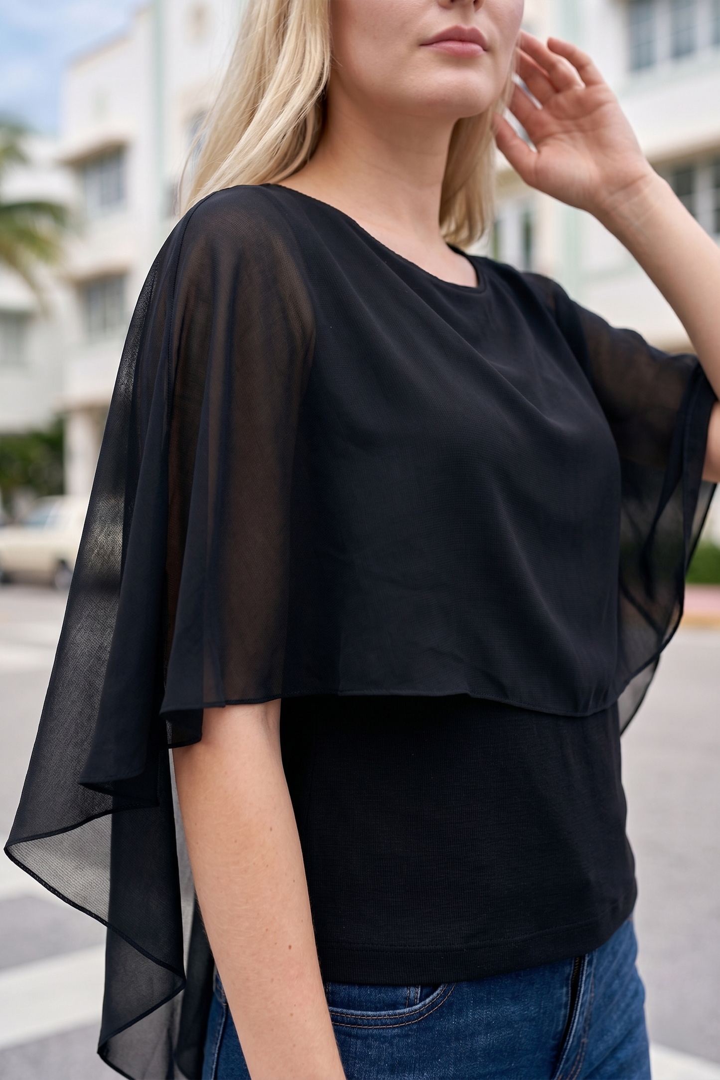 Limsa Club Ruffle Collar Chiffon Blouse in Black — full-length view