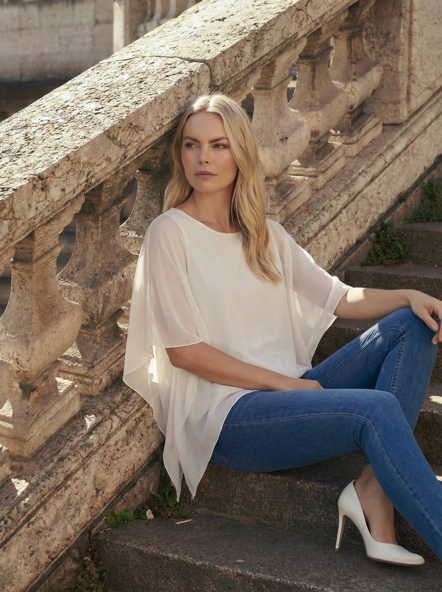 Limsa Club Elys Relaxed Chiffon Blouse in Bone — full-length view