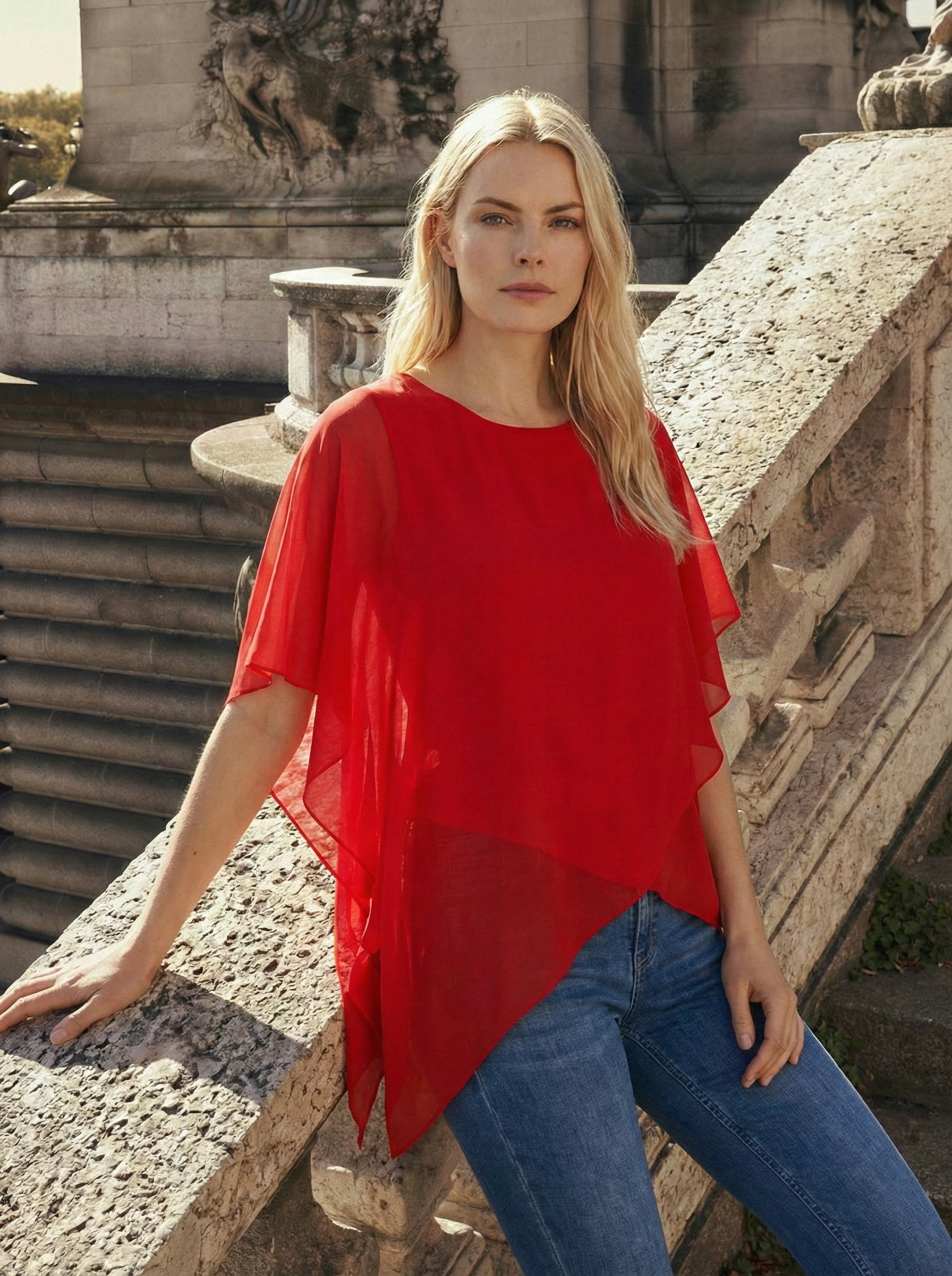 Limsa Club Elys Relaxed Chiffon Blouse in Red — full-length view