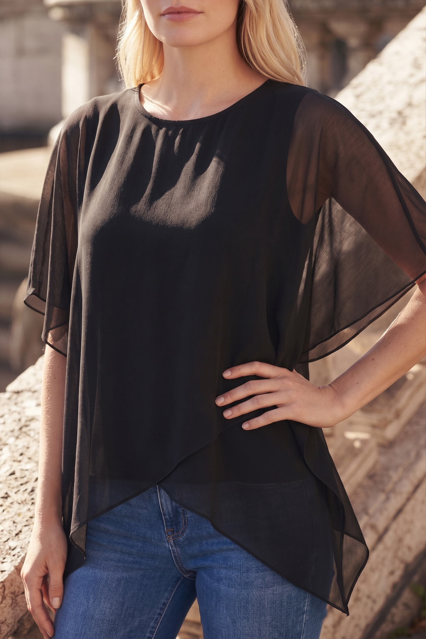 Limsa Club Elys Relaxed Chiffon Blouse in Black — full-length view