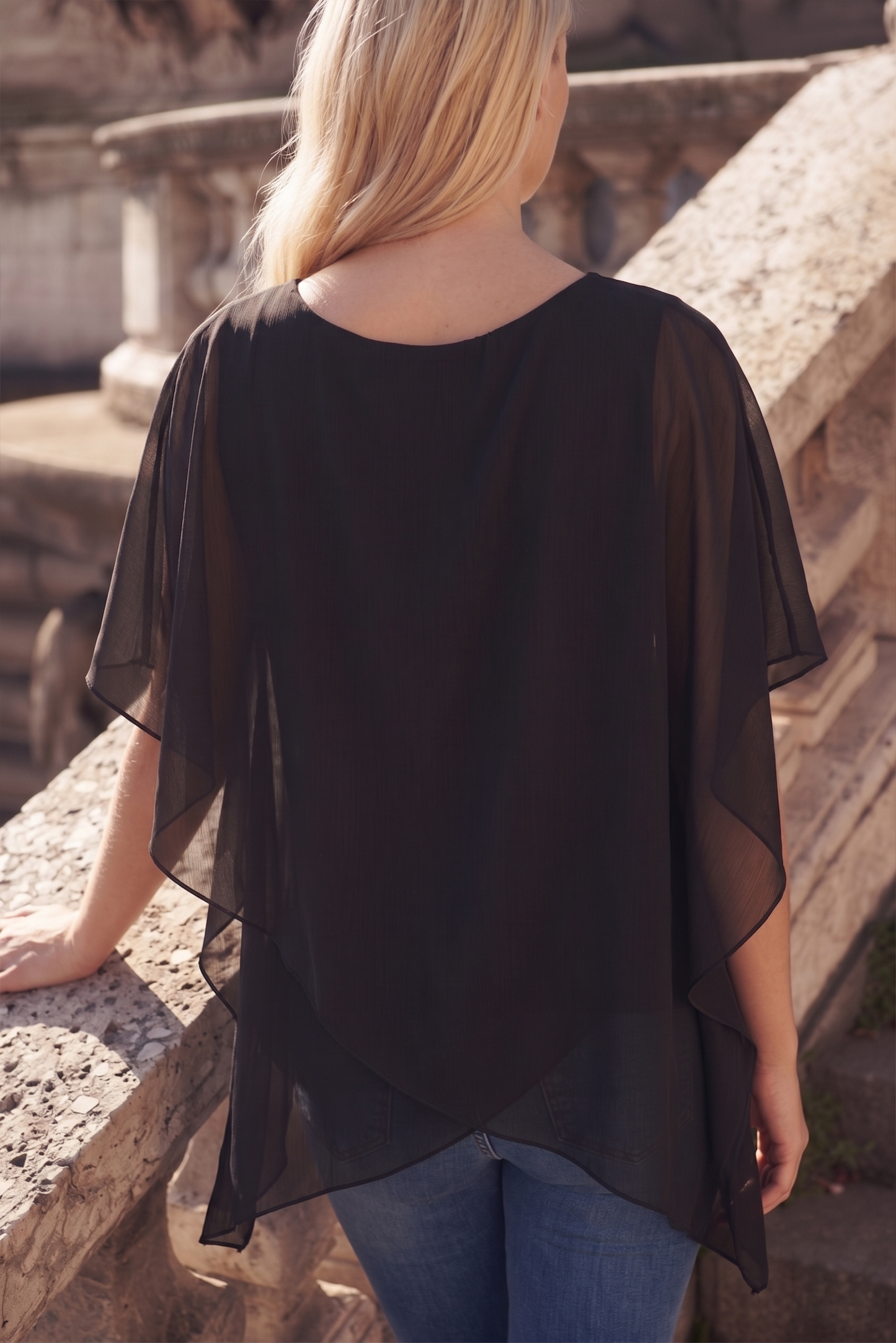 Limsa Club Elys Relaxed Chiffon Blouse in Black — close-up detail