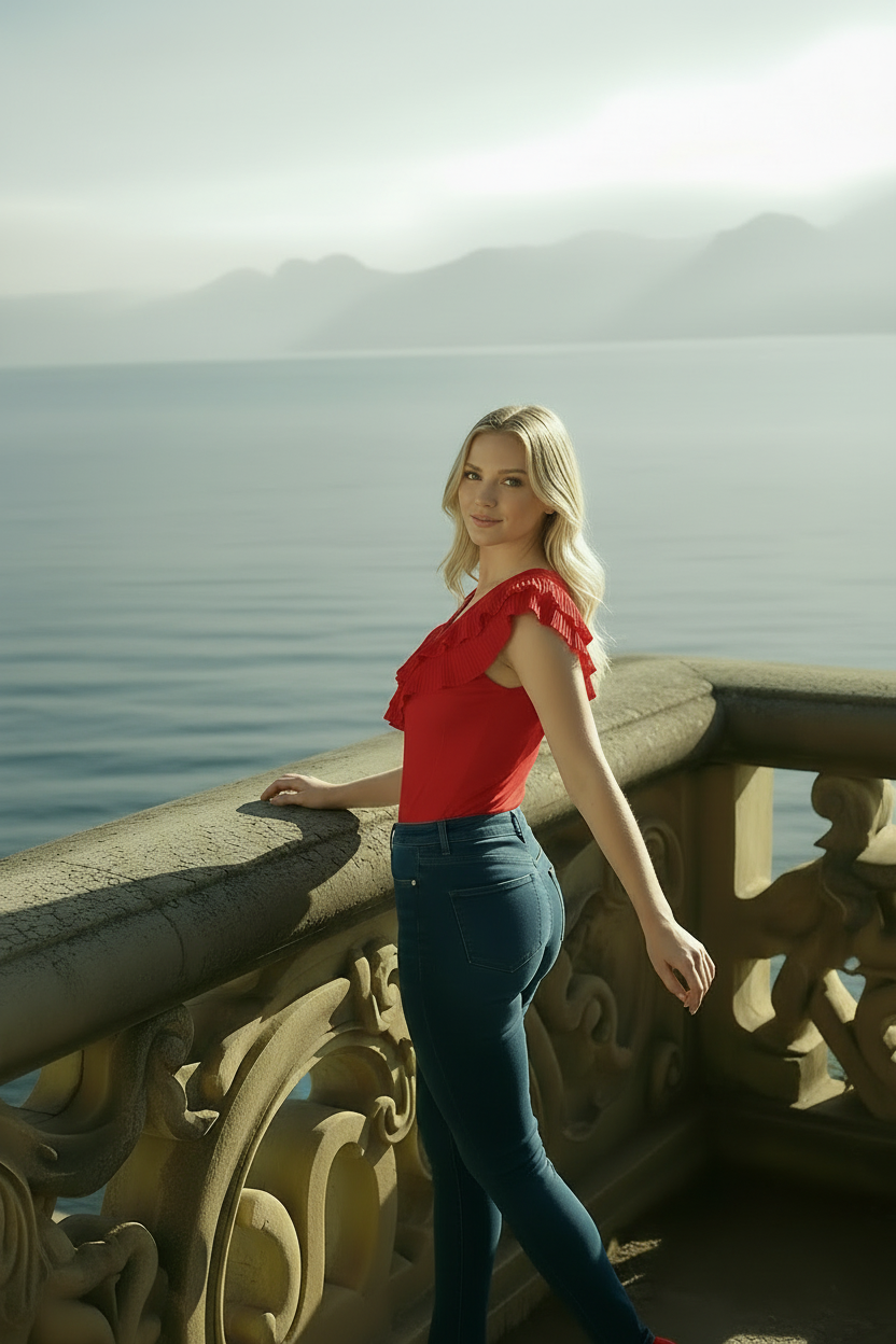 Red Cora chiffon blouse front view showing lightweight fabric and V-neckline