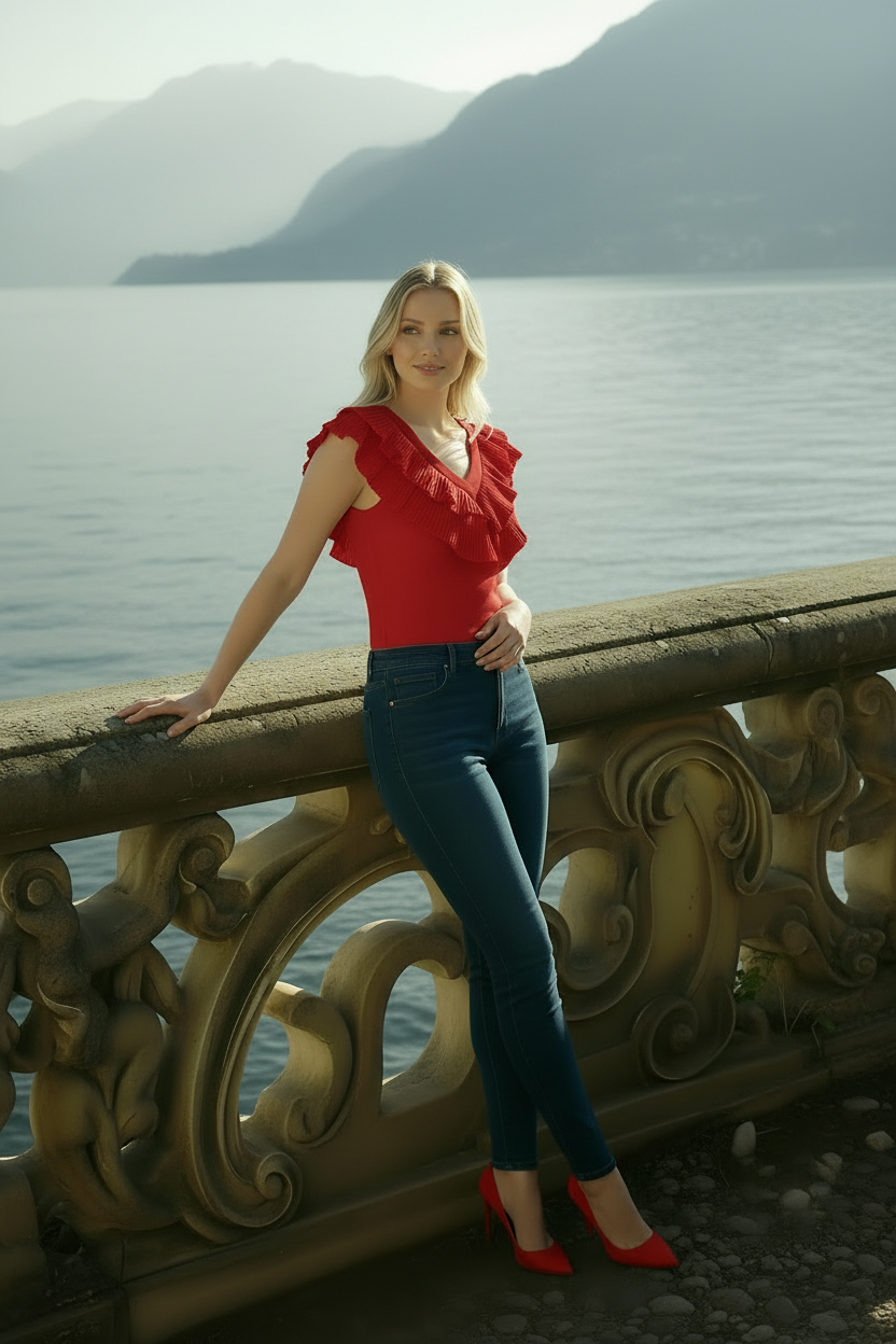Model wearing red Cora chiffon blouse with flattering V-neckline